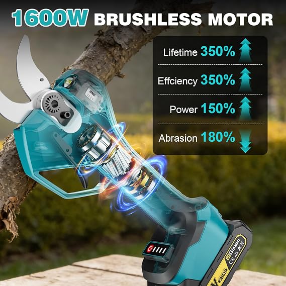 Electric Pruning Shears Cordless- Max 3.2in Opening Diameter with LED Light | 1600W Brushless Heavy Duty Pruner with LCD Display,4 Adjustable Size, SK5 Blades,2 Batteries for Gardening Pruning