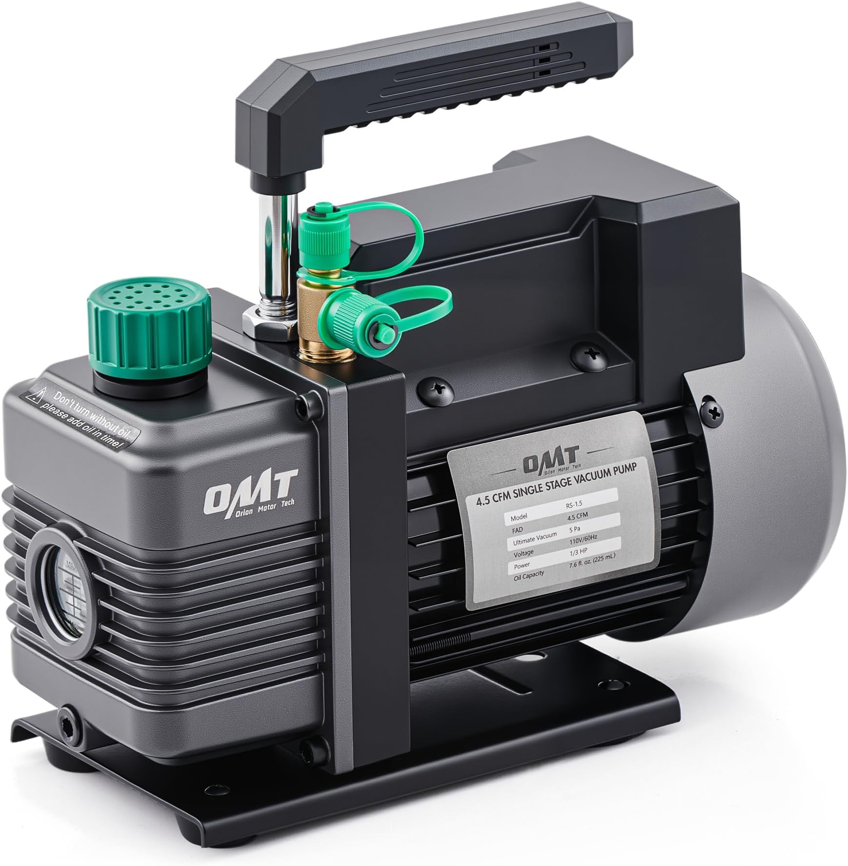 Orion Motor Tech Vacuum Pump, 4.5 cfm 1/3 hp HVAC Single Stage Vacuum Pump for R12 R22 R134a R410a R502, Auto AC Vacuum Pump Kit for Automotive Air Conditioner Resin Degassing & More, Oil Included