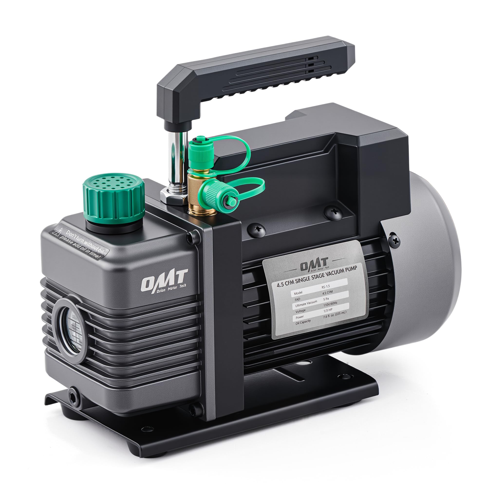 Orion Motor Tech 4.5cfm Vacuum Pump, 1 Stage HVAC Vacuum Pump for R12 R22 R134a R410a Systems, Small 1/3hp 38 Micron Vacuum Pump for Air Conditioner Servicing Resin Degassing and More, Oil Included