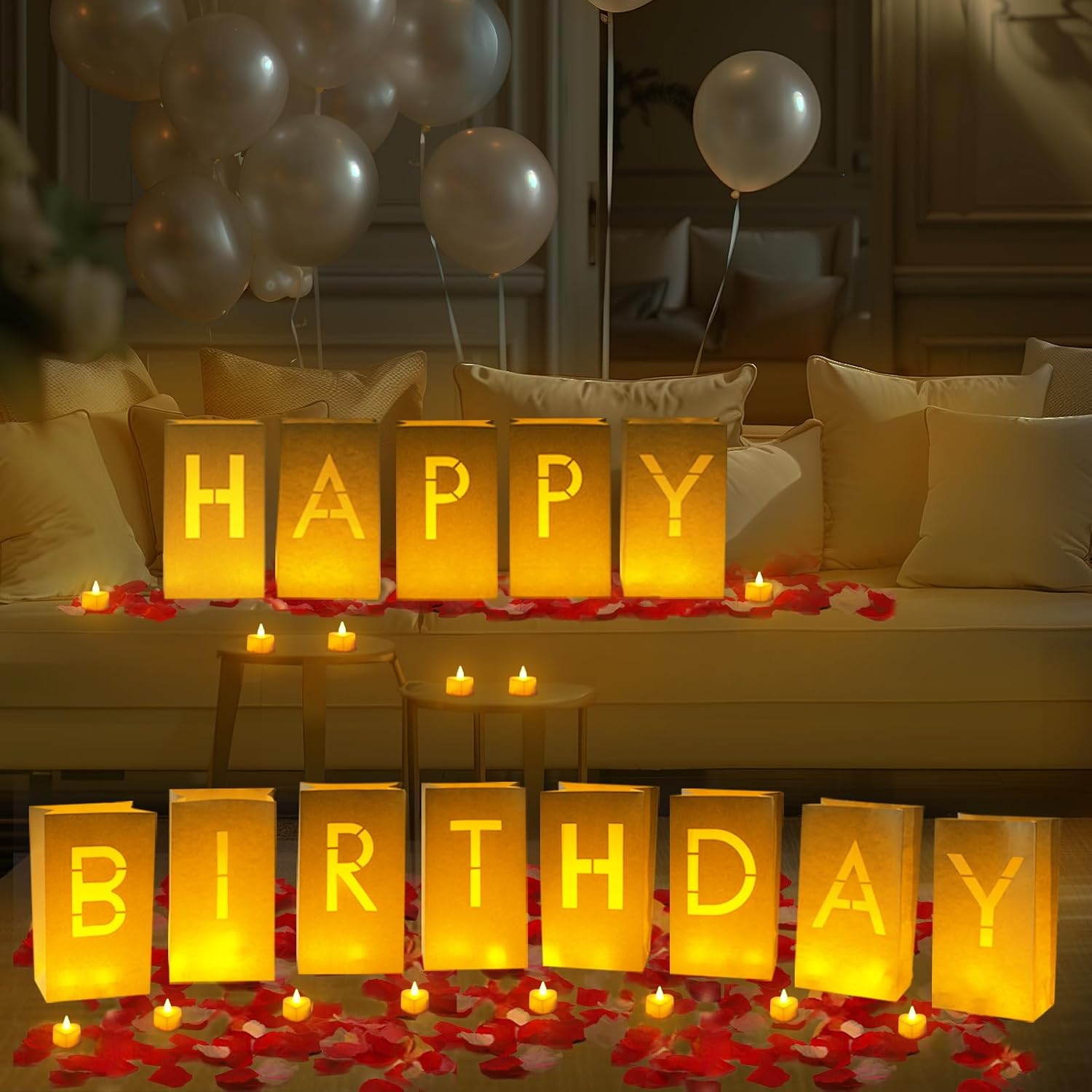 Homemory Happy Birthday Light Up Letters Luminary Bags with Flameless Candles and 2000 Fake Rose Petals, Happy Birthday Banner Sign Party Decoration for Women Men