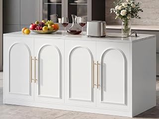 Rolling Kitchen Island, 63'' Arched Island Cart w/Outlets, White
