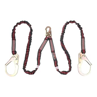 KStrong UFL204131 Twin Leg 100% Tie-Off Internal Design Shock Absorbing Lanyard with 1 Snap Hook and 2 Rebar Hooks, 6-Ft, Black/Red, ANSI Compliant