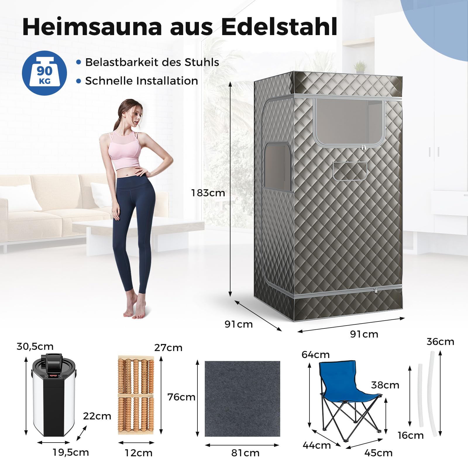COSTWAY Dampfsauna Heimsauna für Zuhause, Ganzkörpersaunabox mit 3-Liter-Dampfgenerator, Fernbedienung, Fußmassagegerät & Klappstuhl, tragbare Saunazelt 91 x 91 x 183 cm (grau)