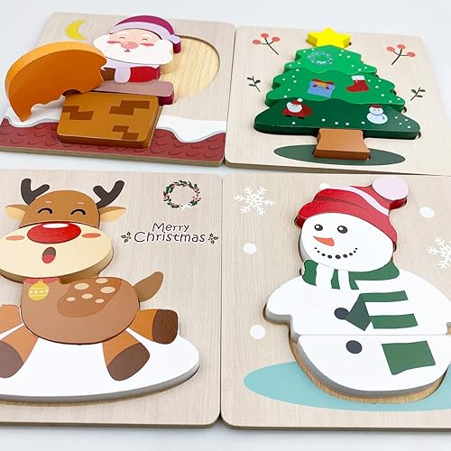 Miniatura 3 de Anditoy Paquete de 4 rompecabezas de madera de Navidad para niños pequeños, juguetes de Navidad, rellenos de calcetines de Navidad, regalos de fiesta