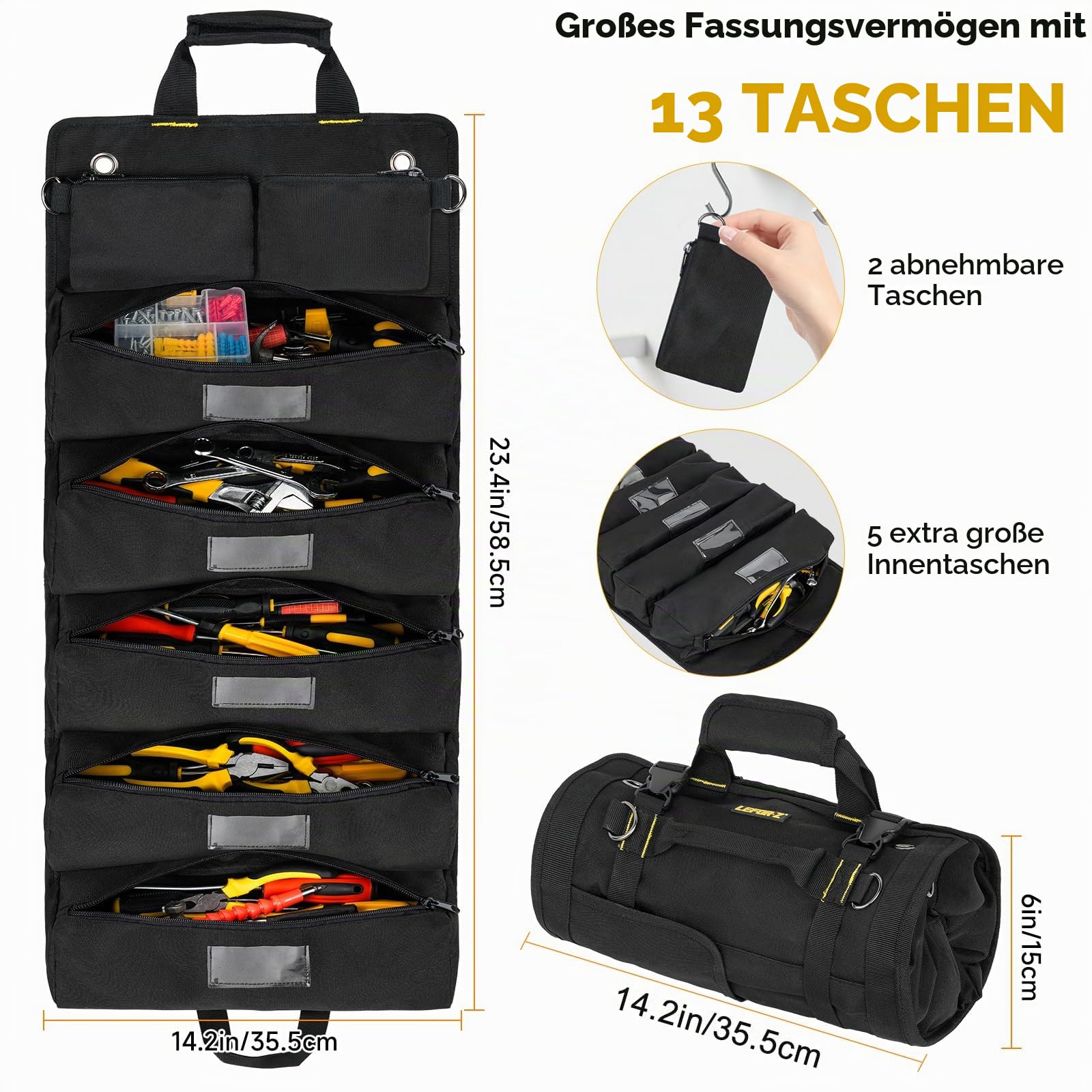 Rolltasche Werkzeug,Werkzeug Rolltasche Leer mit 13 Taschen,Werkzeugtasche mit 2 Abnehmbaren,Aufrollbare Werkzeugbox Klein Werkzeugtaschen,Geschenke für Männer,Vater,Ehemann,Freund,Opa,ihn,Schwarz