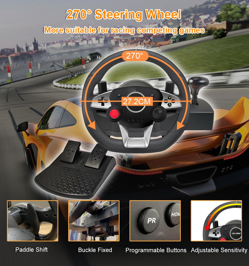 DuLingKer Volante PC con Pedali 270° per PC/PS4/Switch/PS3/Xbox One/Xbox 360/Android TV, Vibrazione Feedback