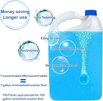100 Pieces Car windshield washer fluid Concentrated Clean Tablets,New Formula windshield wiper fluid Solid Effervescent Tablet.Remove glass stains,Clear vision(Use With De-icer or Methanol for Winter)