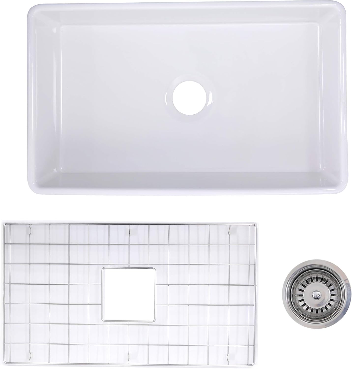 White Farmhouse Sink – 30 Inch Farm Apron Kitchen Sink with Grid & Drain, Made in Europe – Sturdy, Undermount, Glossy Glaze, Scratch Resistant HP-TFC30W