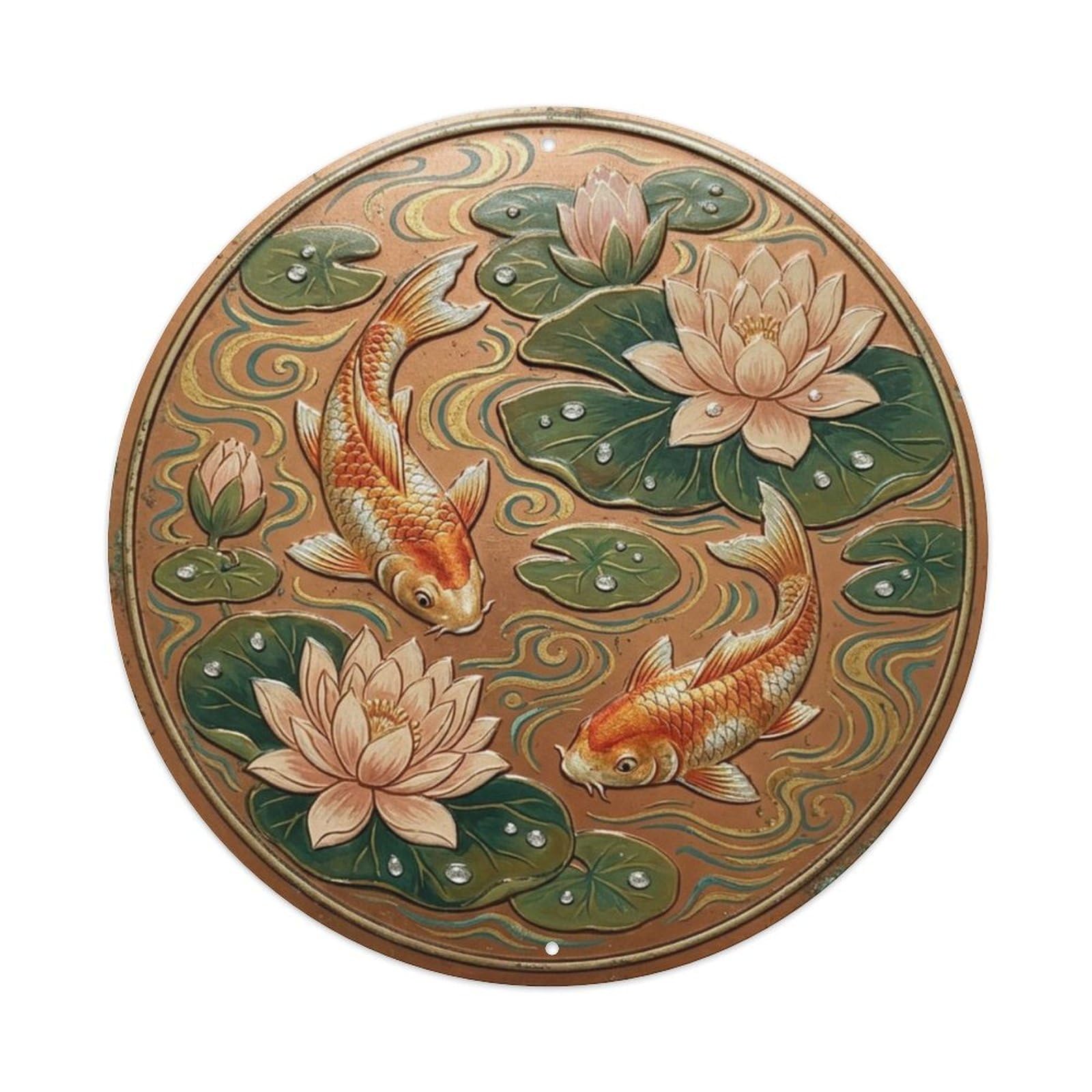 Water Lily Dream Koi Fish Metal Tin Sign Plaque Wall Decor for Cafe, Club Bar, Office, Home Garden Round Metal Poster 8x8Inch