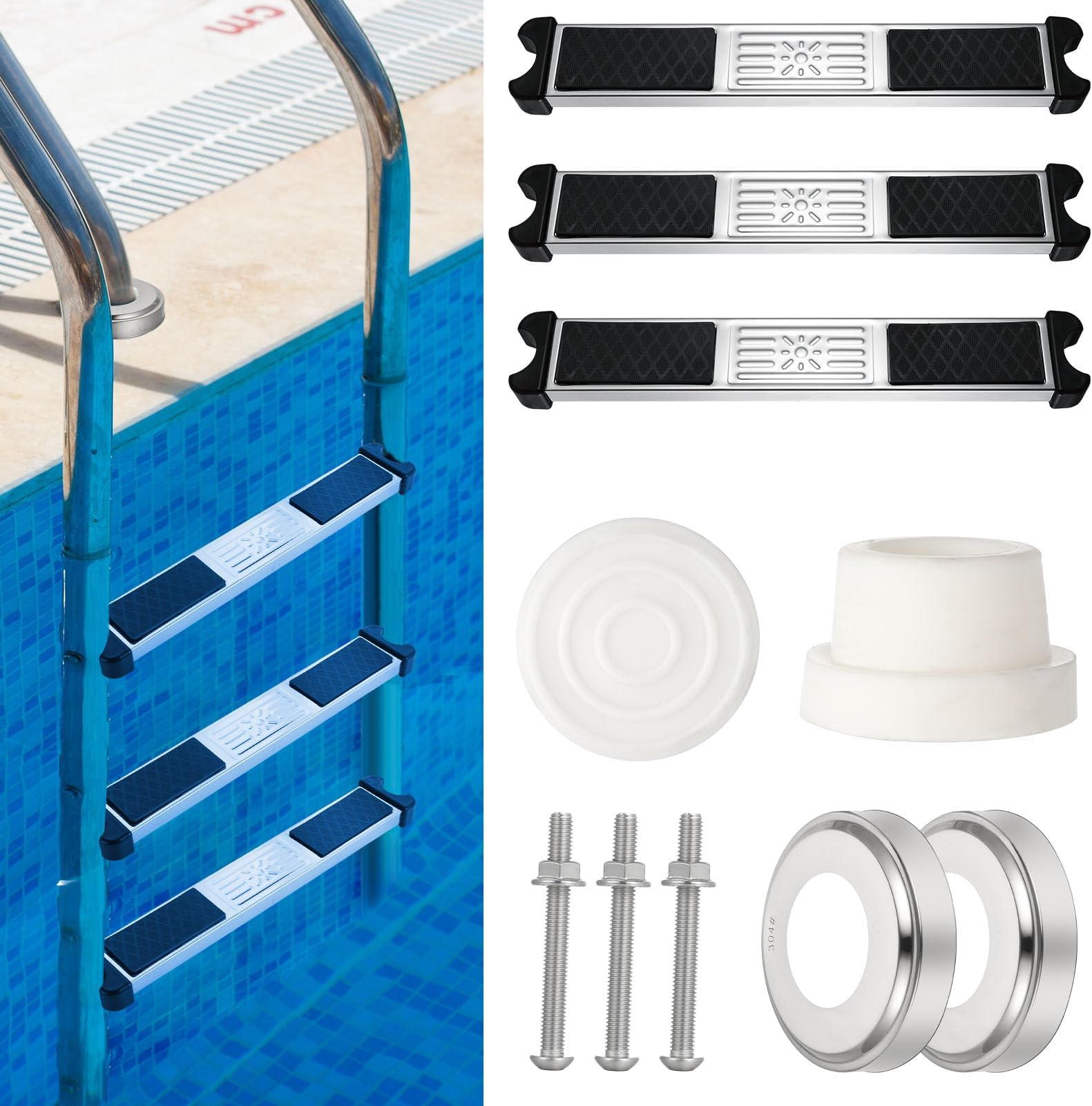 3 Pack Stainless Steel Swimming Pool Ladder Steps with Pool Ladder Bumpers & Pool Ladder Escutcheon Plates, Heavy Duty Replacement Pool Ladders for Inground Swimming Pools