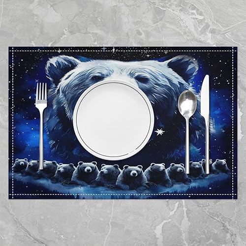 Miniatura 2 de Juego de 4 manteles individuales con bonito diseño de oso para mesa de comedor y cama, manteles individuales de tela rústica, diseño de oso galaxia,