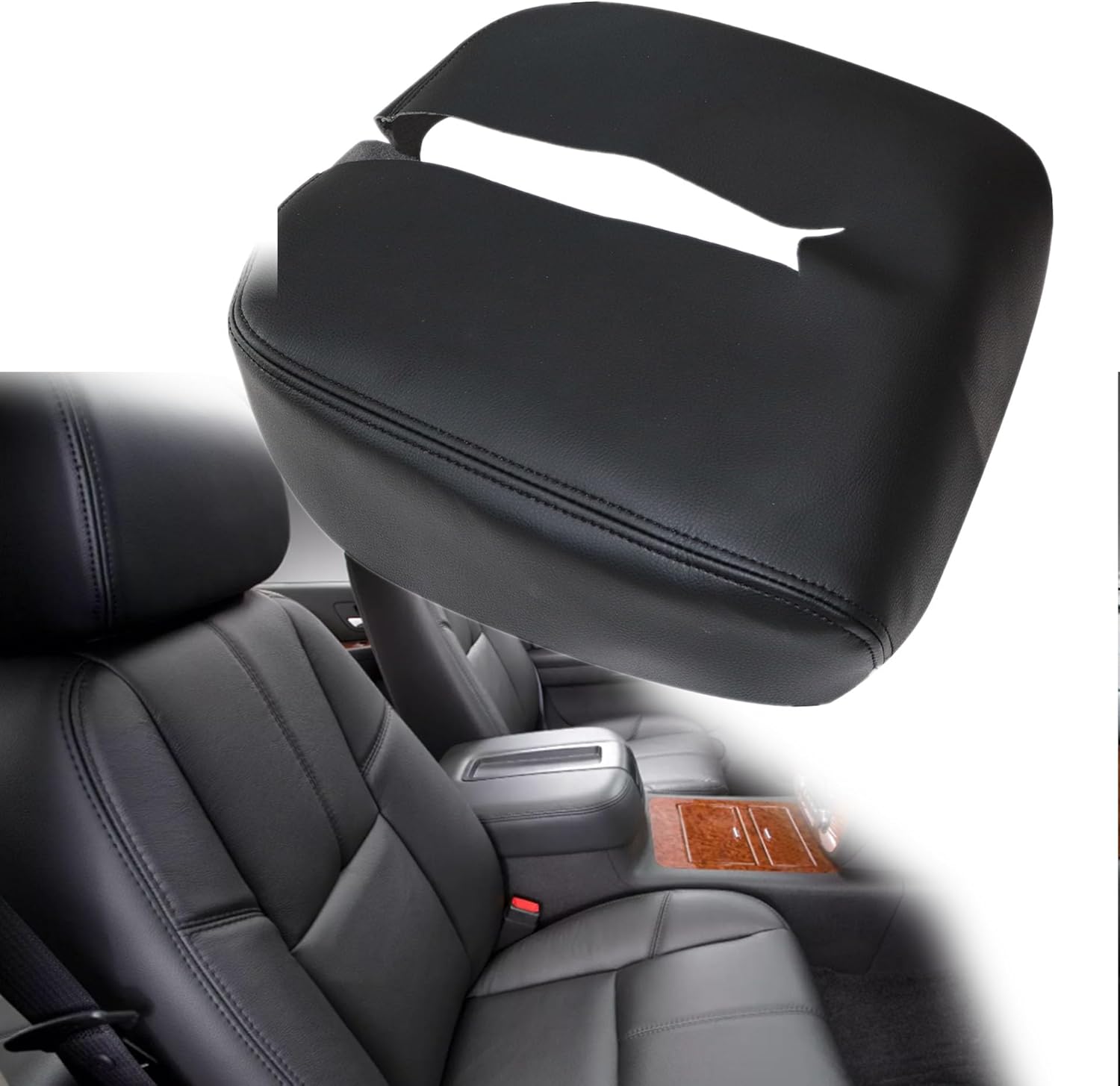 GXARTS Driver And Passenger Side Bottom And Top Lean Back Replacement Leather Seat Cover And Console Lid Armrest Cover Black fit for Chevy Avalanche Tahoe Suburban Silverado GMC Sierra Yukon 2007-2014