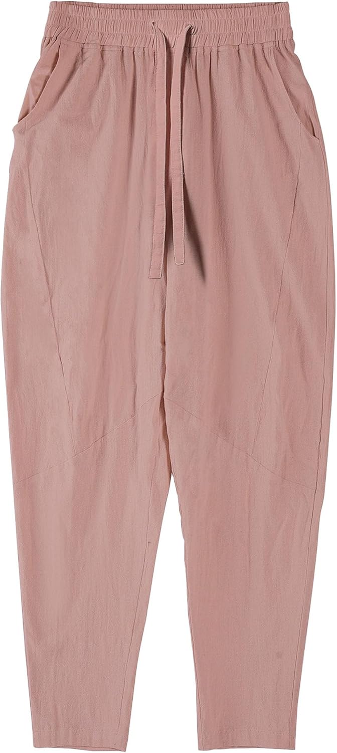 Men's Lightweight Cotton Linen Breathable Pants Comfort Solid Joggers Hiking Pants Drawstring Baggy Outdoor Trousers