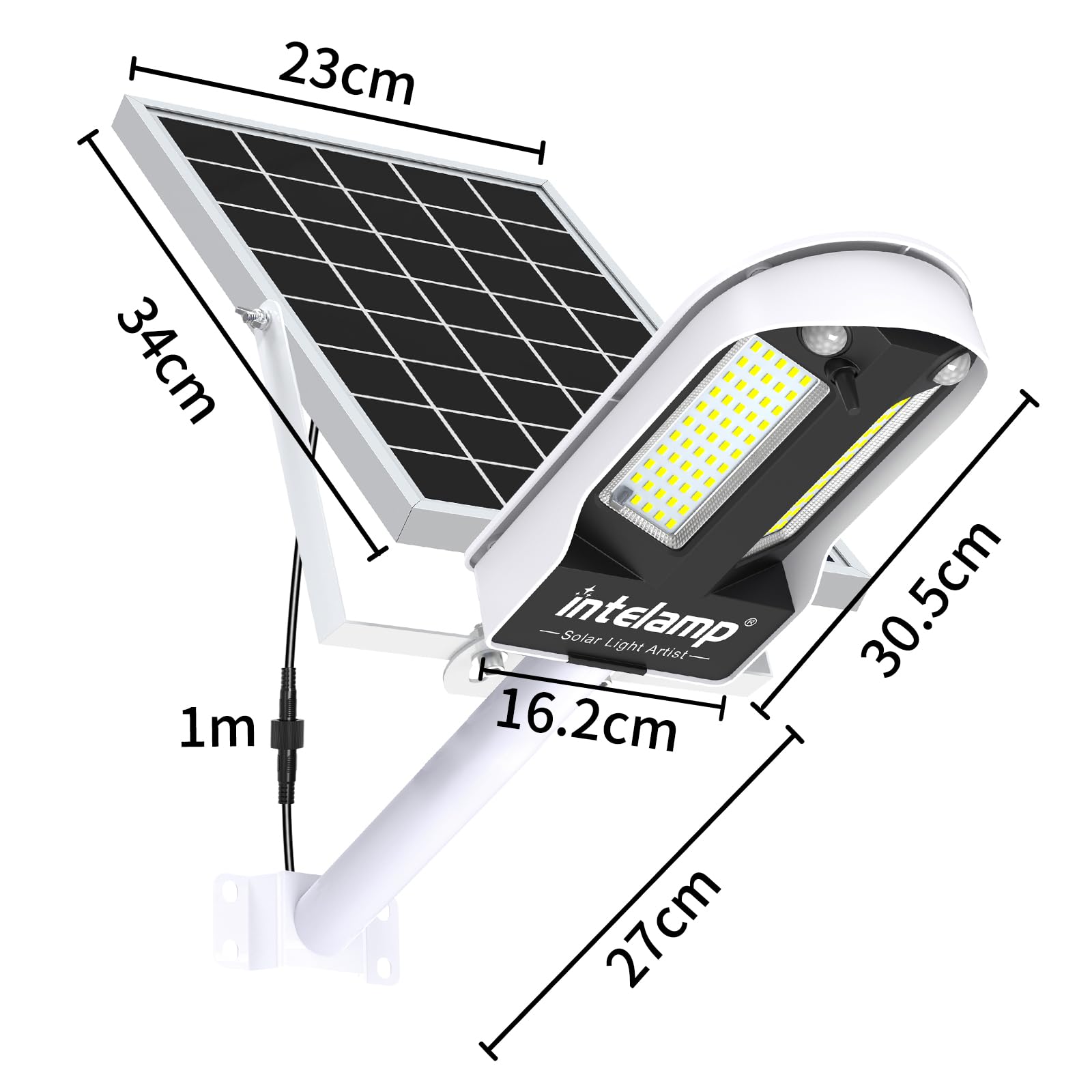 INTELAMP Lampione Solare LED Esterno, 12500mAh 3000LM Faro Con Pannello Solare da Esterno, IP65 Impermeabile Faretto LED con Sensore di Movimento, Luci da Esterno per Giardino, Terrazza, Garage
