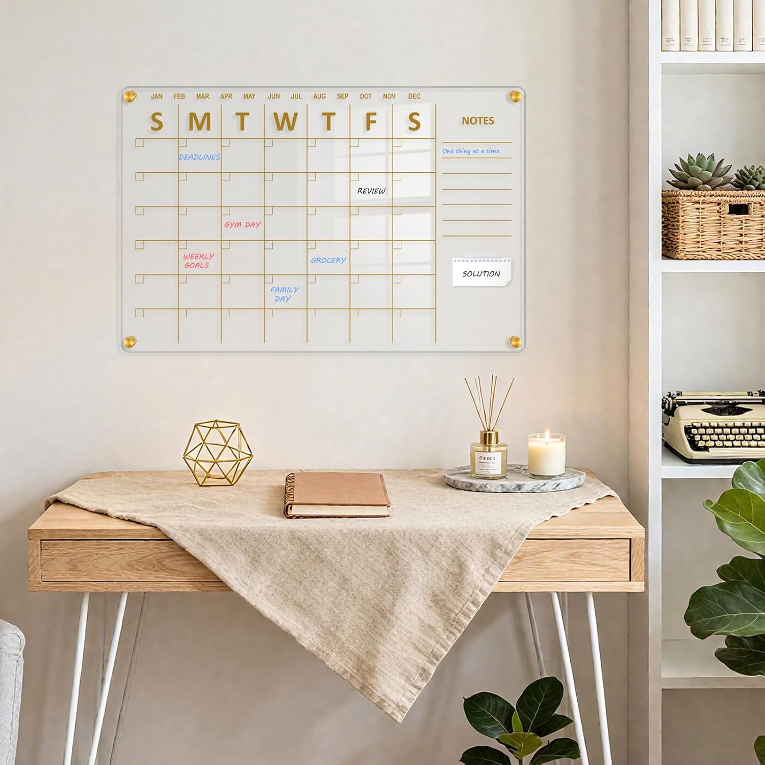 Acrylic Calendar for Wall, 24"x16" Gold Dry Erase Board Weekly Planner Wall Mounted Board, Frameless White Board for Home, Office, School