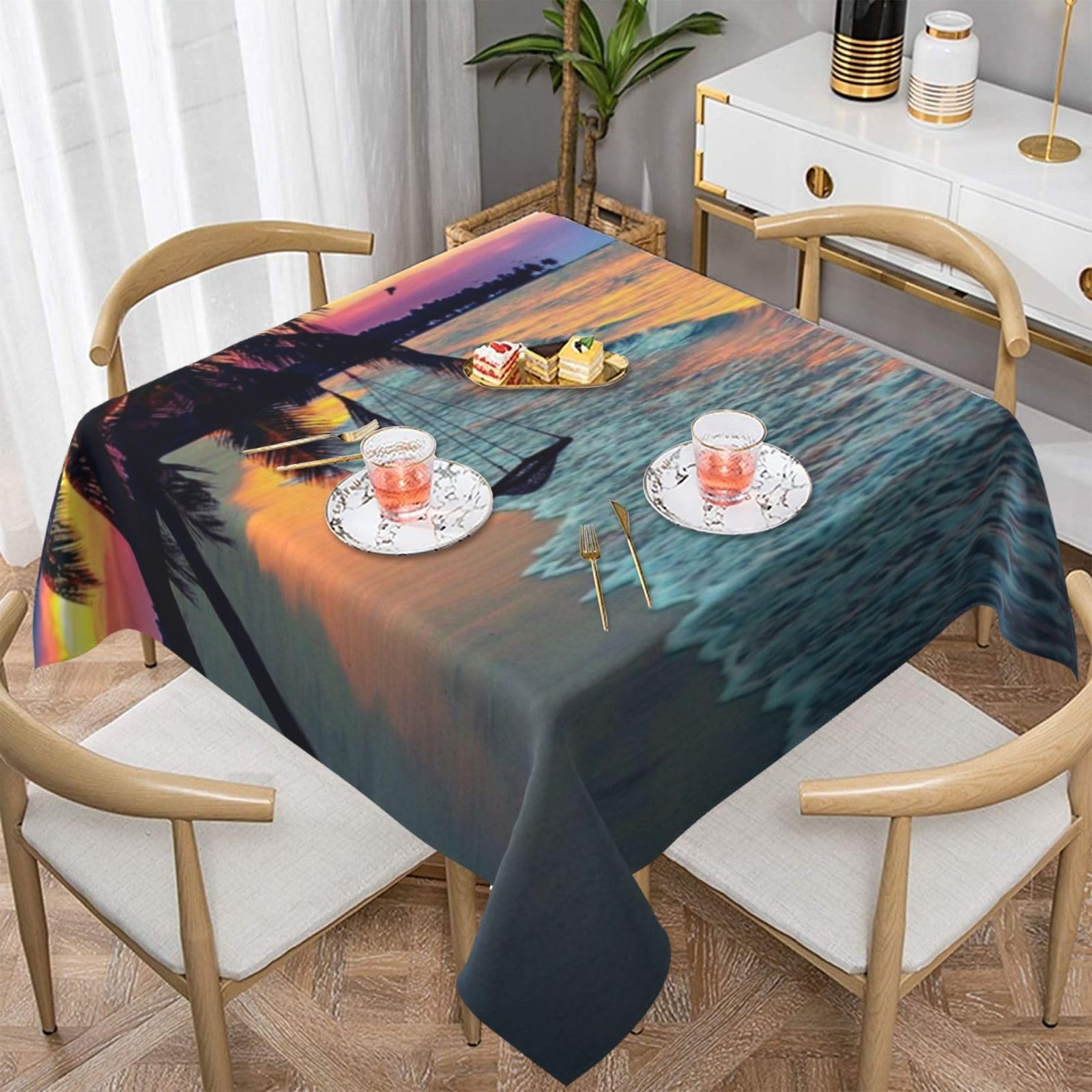 DCEHGEW Coconut Beach Sunset Hammock Prints Square Tablecloth 152x152 CM, Waterproof Fabric Table Cloth for Dining Table, Farmhouse Table Cover for Kitchen Dining Tabletop Decoration