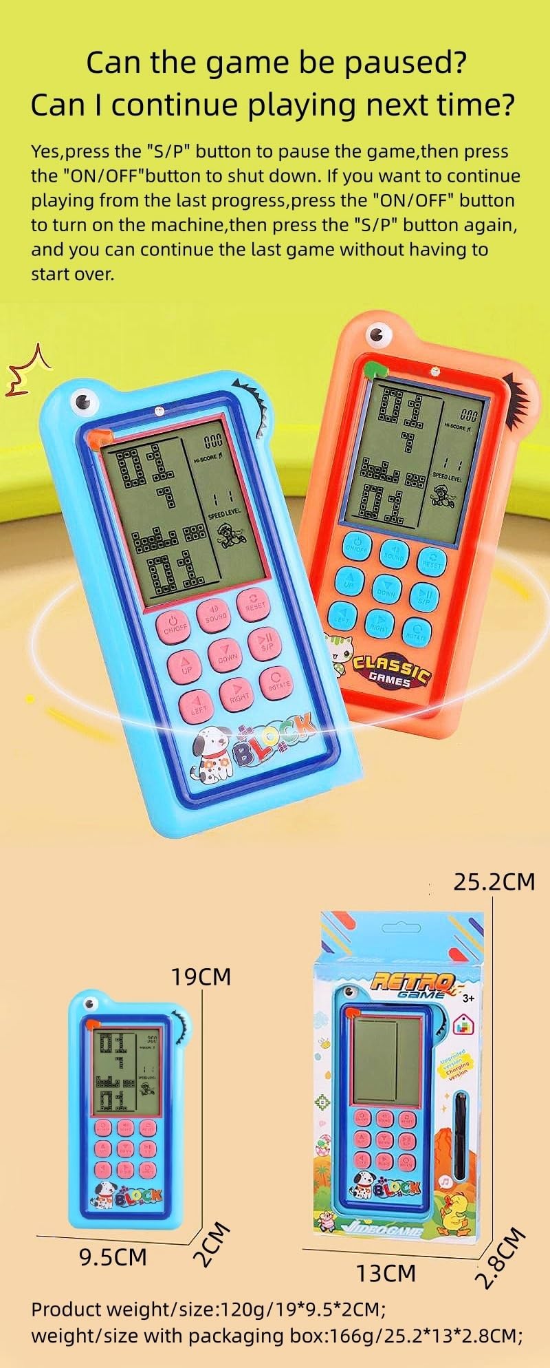 HLF Bloquer la Console de Jeu Mode de Jeu Double 23/26 Jeu de Briques Boutons en Silicone Alimenté par Une Batterie au Lithium Rechargeable/AA Jouet Portatif Rétro Cadeaux Enfants/Adolescents (Khaki)