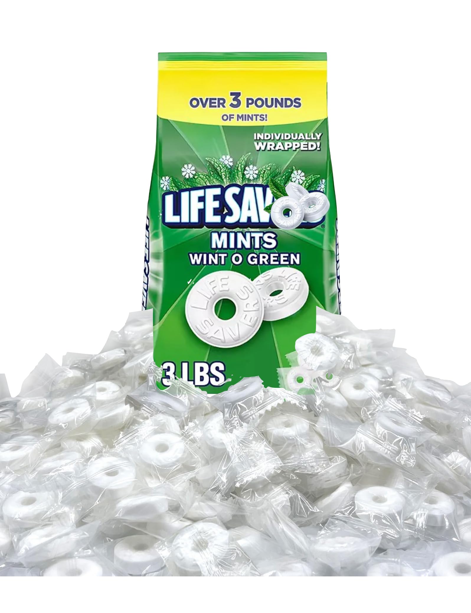 Lif'e Saver's Hard Candy | 3lb - Wint O Green Bulk Candy | Fresh Breath Candy | Office Candy | Holiday Candy Peppermint | Individually Wrapped Mint Candy | Christmas Candy | Perfect for the Holiday Season | Delicious Hard Candy Peppermint Flavor | Life Savers Hard Candy | Breath mint (3 Pounds, Wint-O-Green Mints)