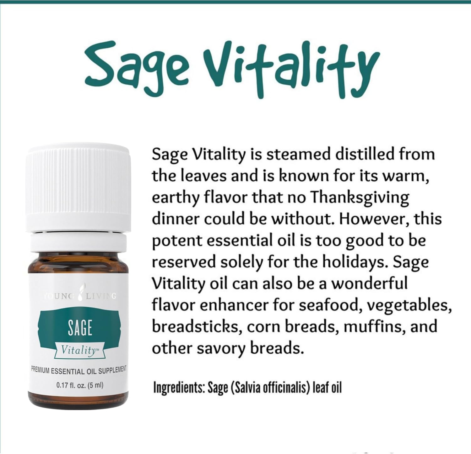 Young Living Sage Vitality Essential Oil - 5ml - Ideal for Clearing Rituals and Culinary Use - Supports Women's Well-Being - Aromatherapy with Cleansing Properties