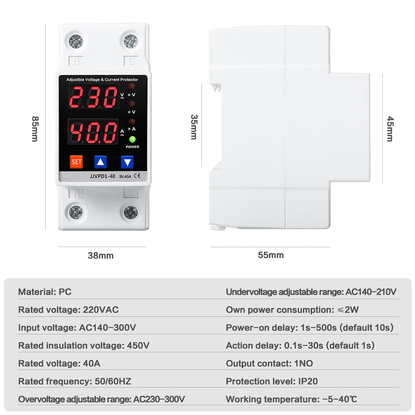 Jadeshay Regolatore di tensione,1 PC AC220V 40A Protezione Corrente di Tensione Dispositivo di Protezione da Sovratensione e Sottotensione,Relè di ripristino Regolabile Intelligente Doppio Display LED