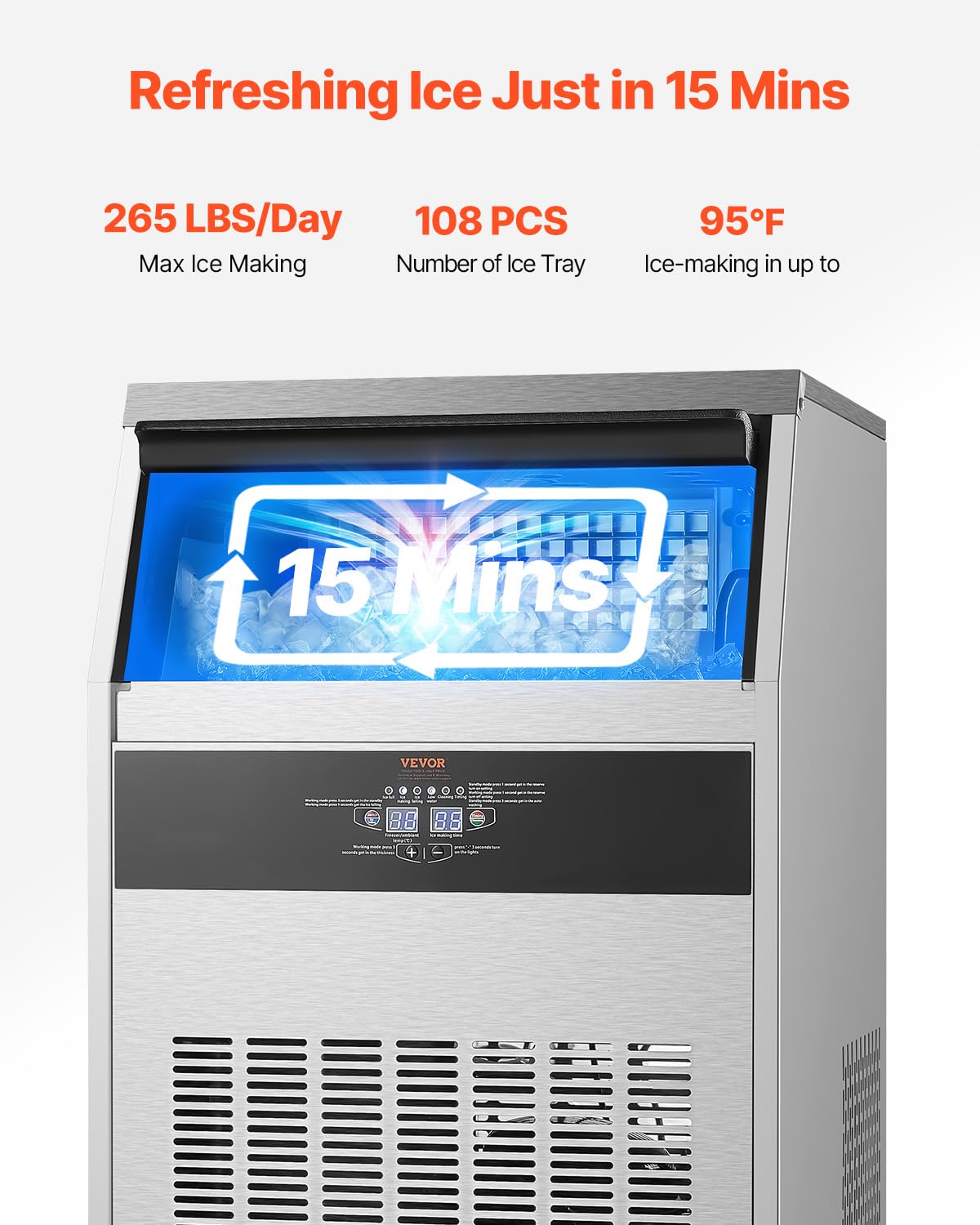 VEVOR 265lbs/24H Commercial Ice Maker, 108 Ice Cubes in 15 Minutes, Freestanding Ice Maker Machine with 66lbs Large Storage Capacity for Bar Office Restaurant, with LED Digital Display & Self-Cleaning