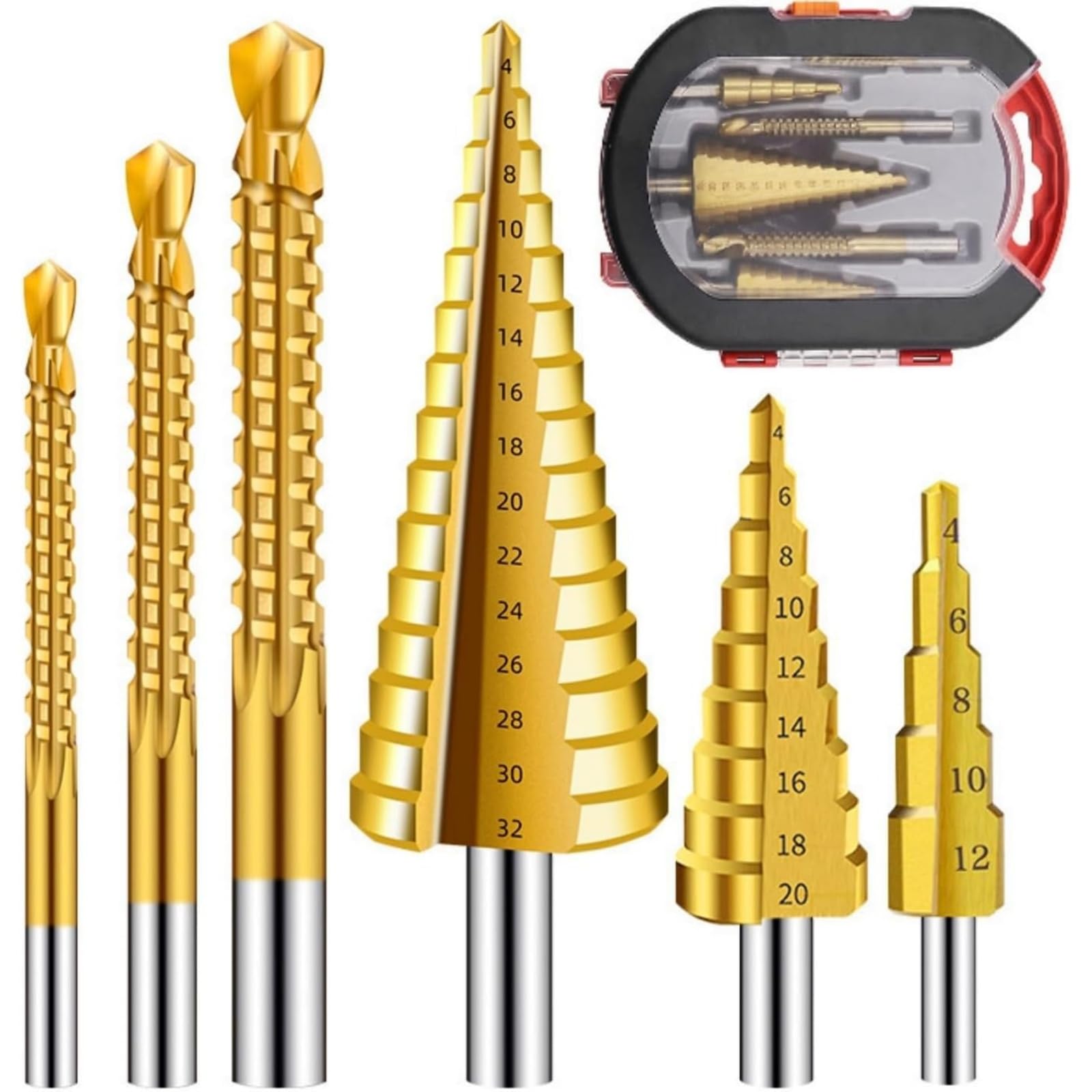 6PCS HSS Drill Bit Set with Case, Titanium Coated 3 Sizes of Step and Twist Drill Bits for Metalworking, Woodworking, Hole Drilling