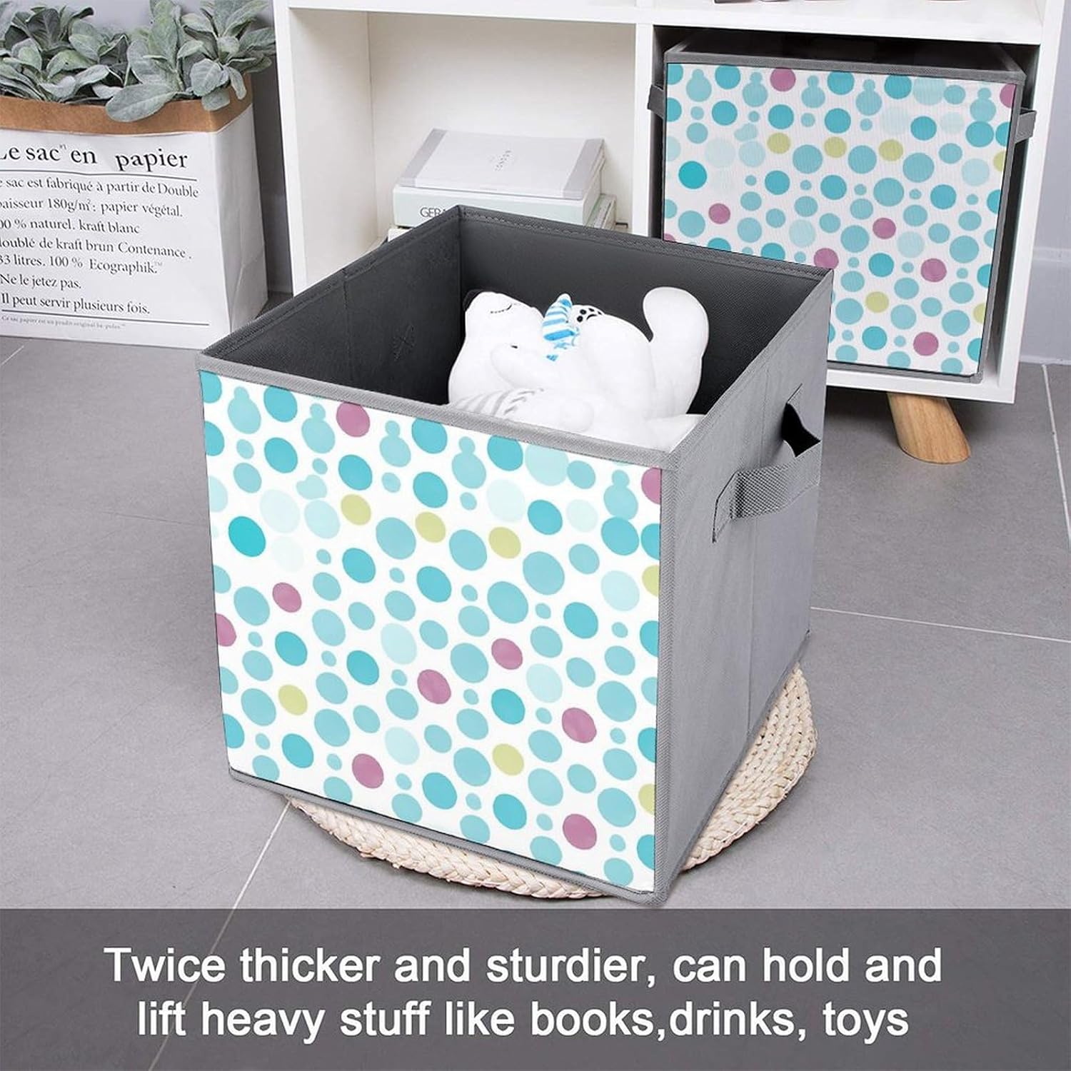 Blue Polka Dot Pattern Foldable Storage Box with Handles, Durable Oxford Storage Cubes, 6PCS Collapsible Closet Organizer for Home, Shelf, Office, Travel