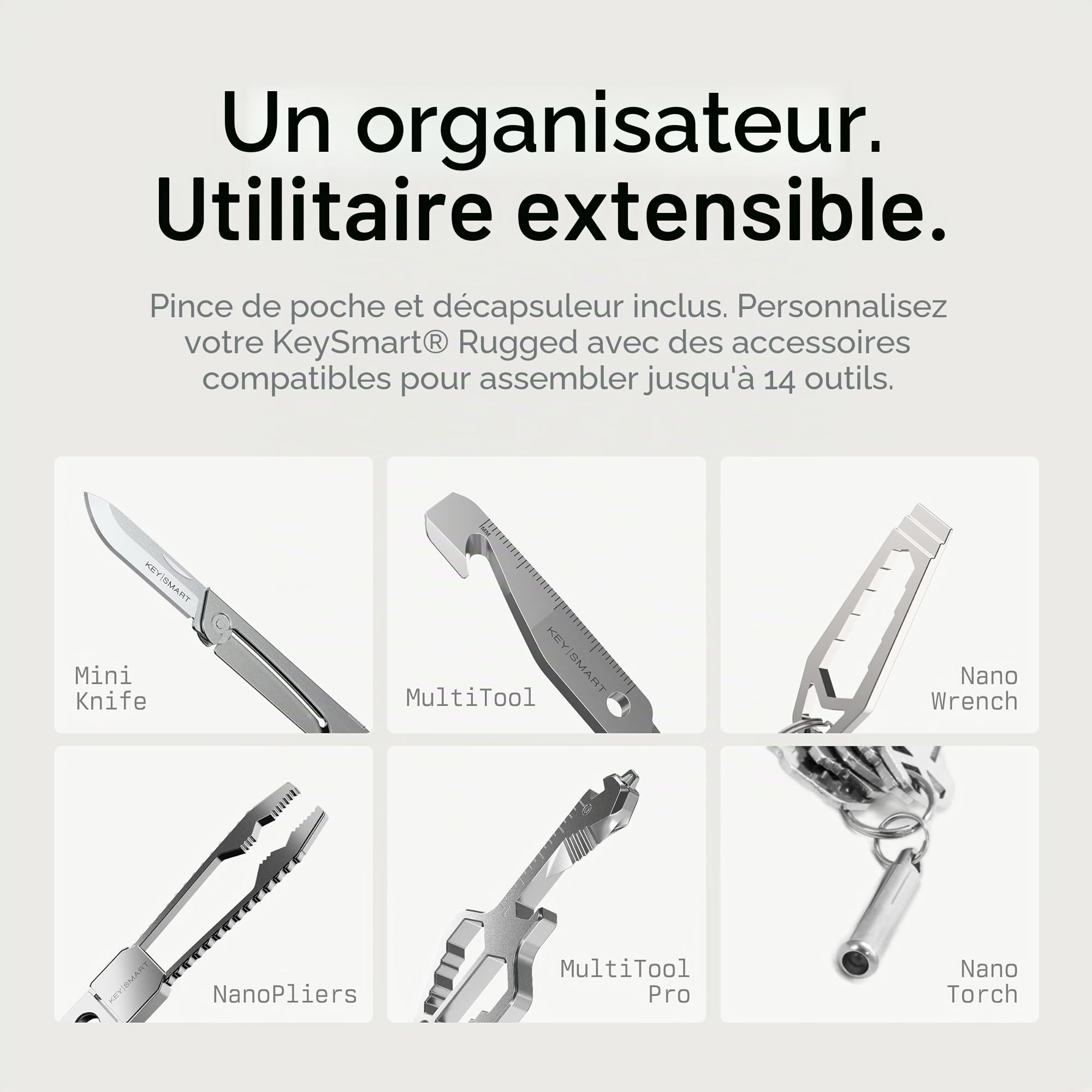 KeySmart Rugged Porte-clés multifonctionnel organisateur de clés jusqu'à 14 clés avec décapsuleur et clip de poche
