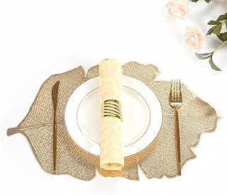 Gold Leaf Placemats Set of 6 Hollow-Out Pressed Vinyl Table Mats | Washable Wipeable 6 pcs Plastic Metallic Dining Table Placemats for Party Wedding Accent Centerpiece Dining Table Decor