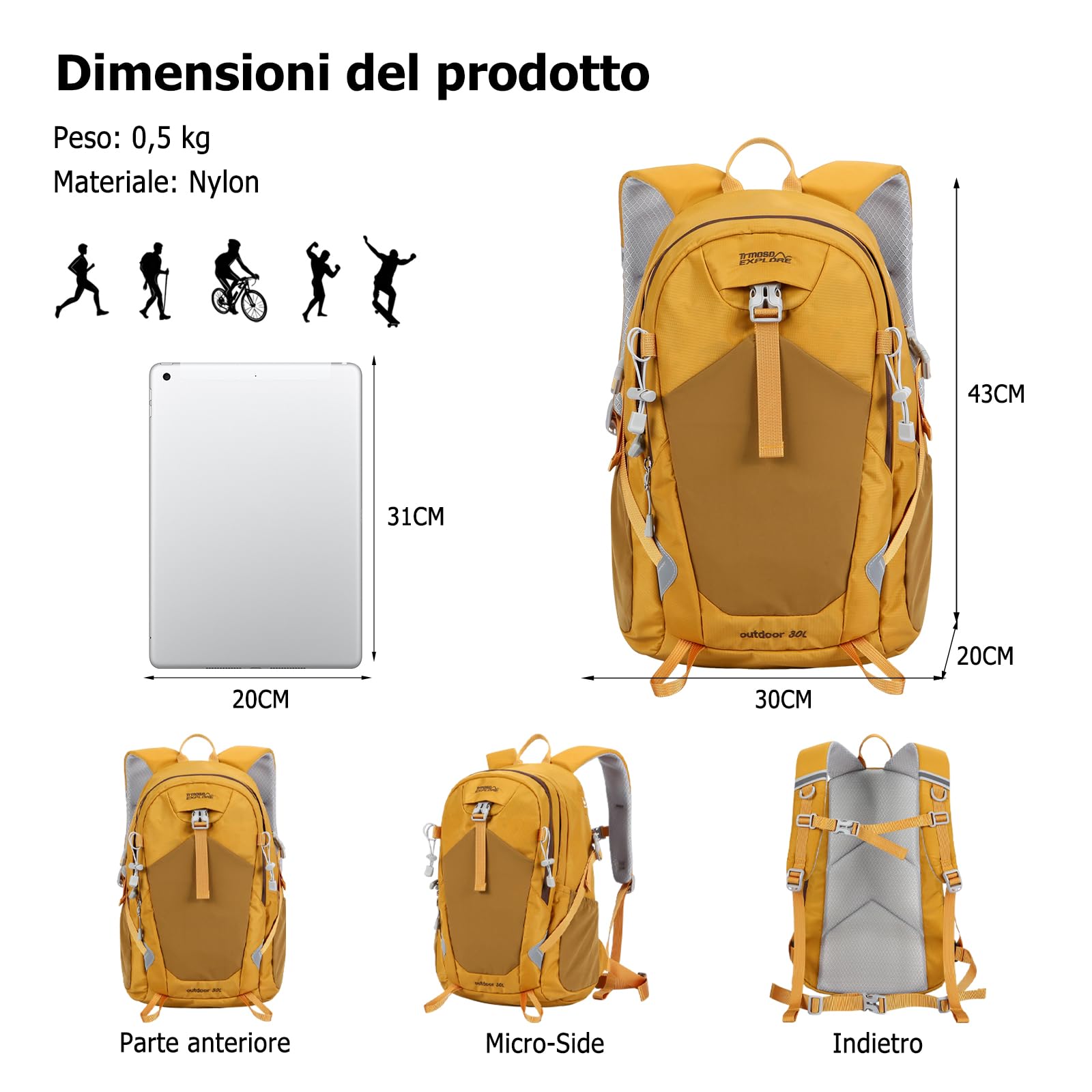 Zaino da Trekking 30L Zaino da Giorno Outdoor Idrorepellente Zaini Leggero con Strisce Riflettenti Molteplici Tasche Backpack Viaggio per Alpinismo Campeggio Uso Quotidiano Giallo