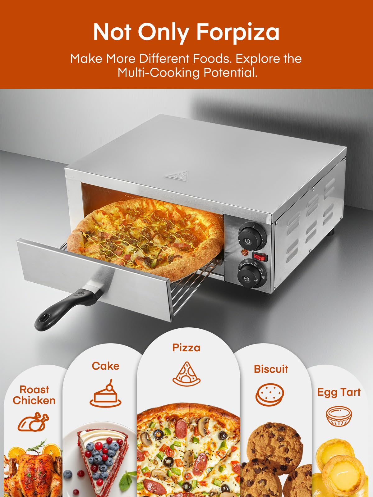 Professional Pizzaofen 2000W, 12 Zoll Kommerzieller Pizzabackofen Elektrisch Edelstahl mit 15-Minuten-Timer 350℃ für Pizza, Brot und Backwaren