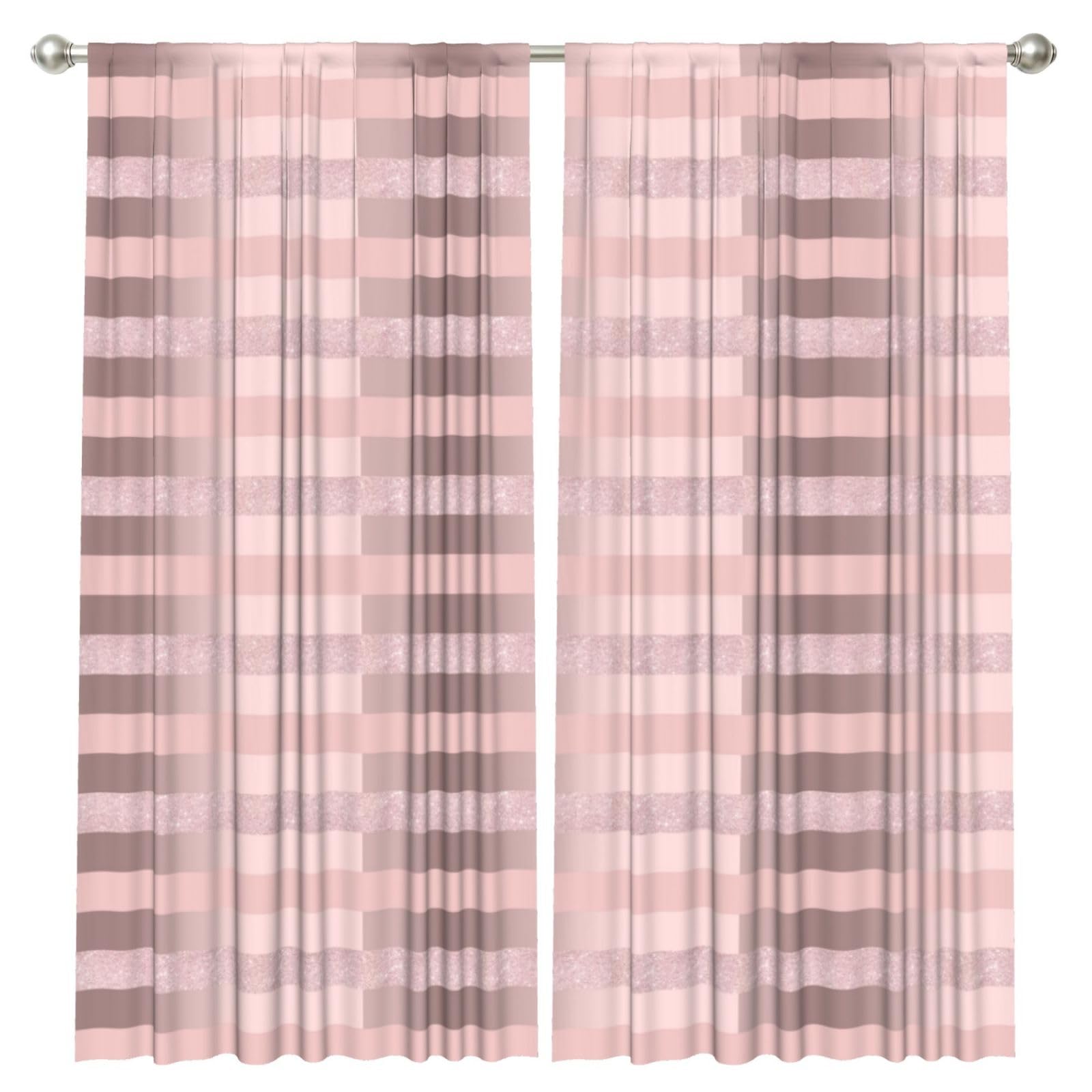 InOmak Elegant Rose Gold Glitter Blush Pink Stripe, 2 Panels Window Curtains 52 x 84 Inch Blackout Curtains for Living Room Bedroom