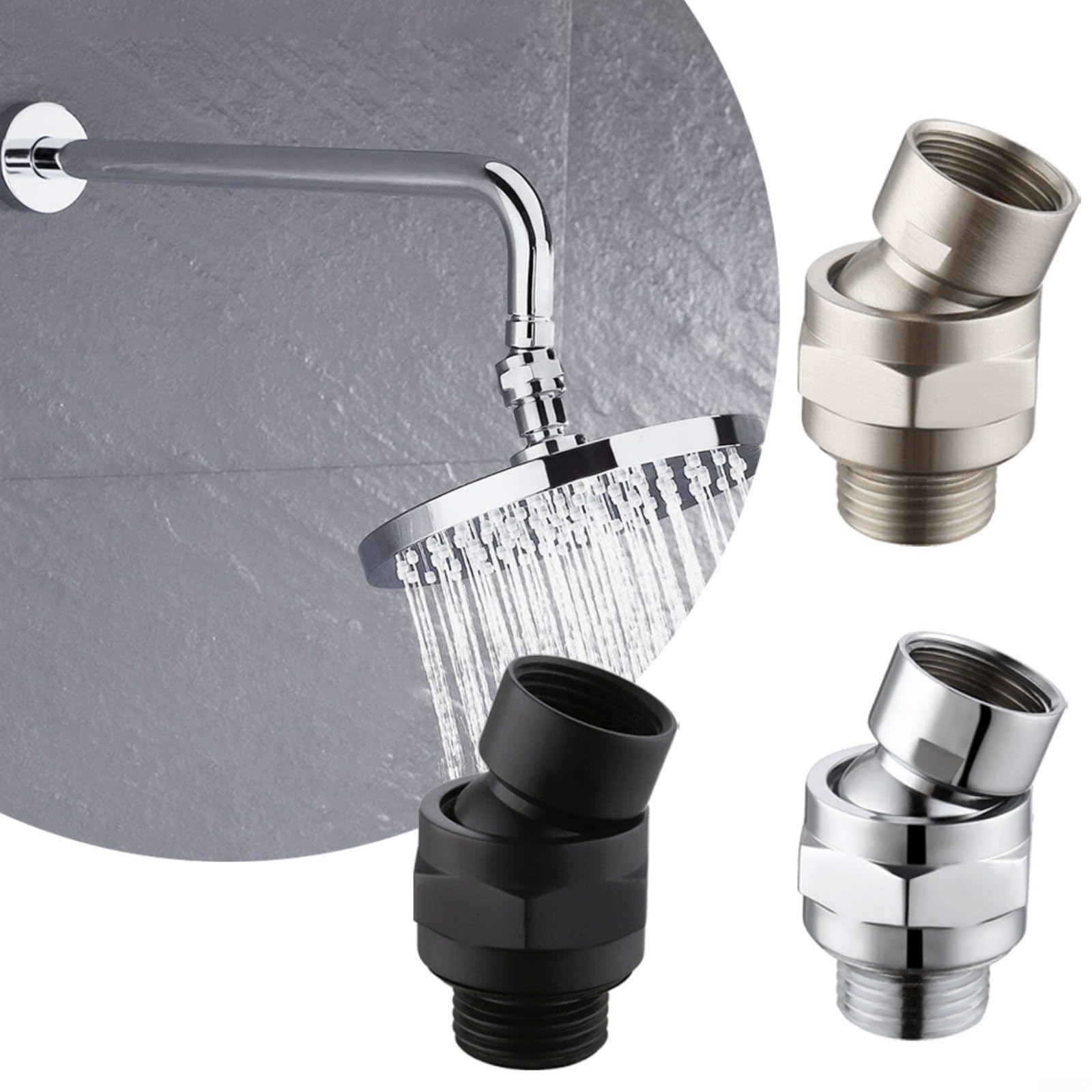 Adattatore girevole per soffione doccia, giunto sferico, in ottone, flusso d'acqua, angolo regolabile, filettatura G1/2, argento spazzolato, nero (argento)