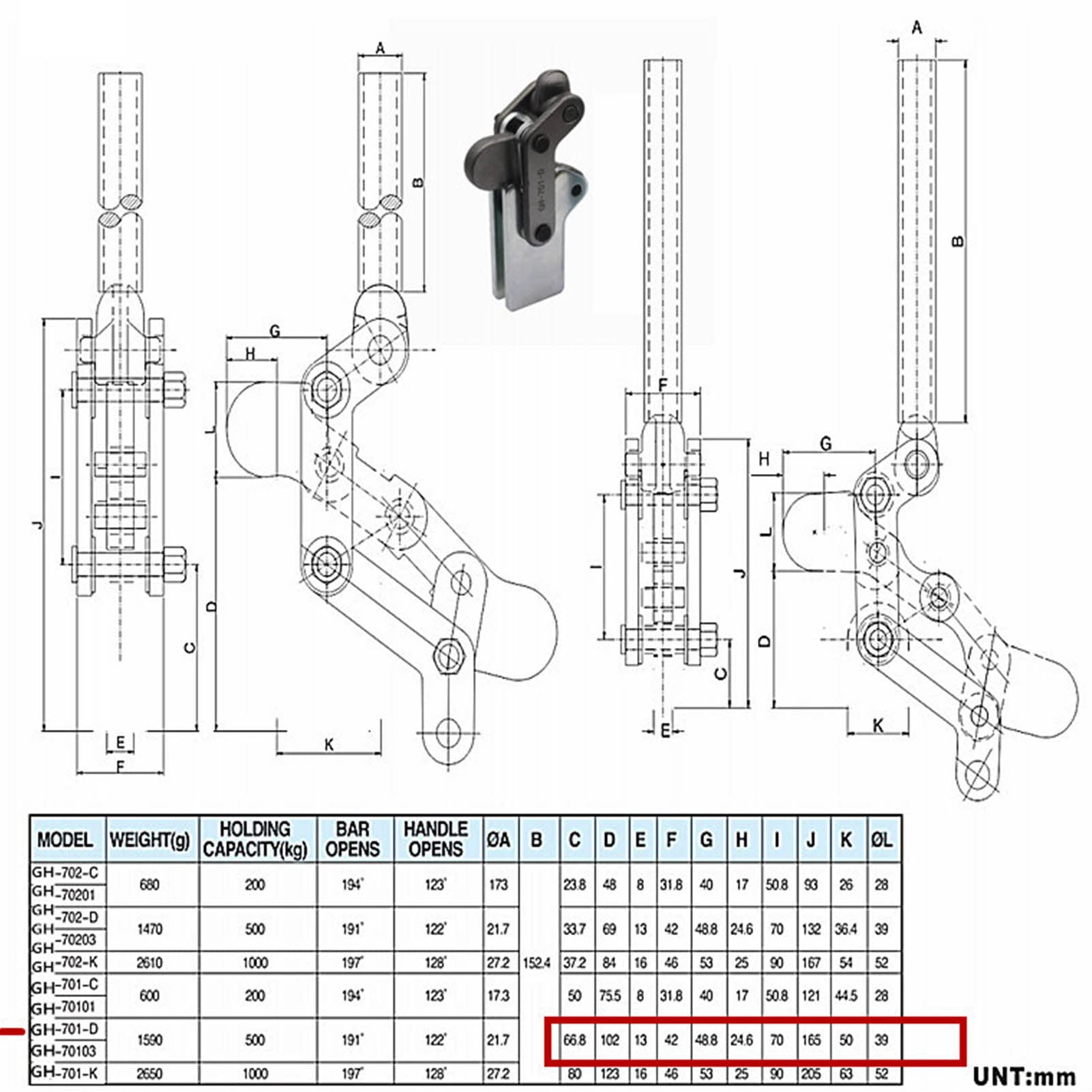 Abrazadera de banco de alta resistencia GH-701-D, abrazadera de bloqueo de acero con alto contenido de carbono de capacidad de retención de 500 kg/1102 lb para soldadura de
