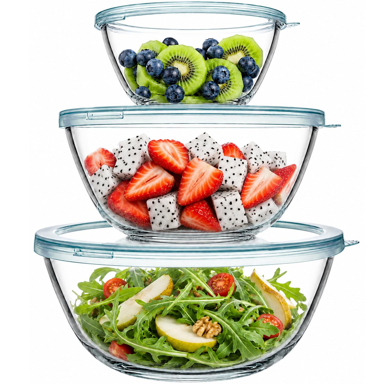 Luvan Glasschüssel mit Deckel 3er-Set (4.2 L,2.5 L,1 L), Große Rund Salatschüsseln für die Küche, ideal zum Aufbewahren von Lebensmitteln, Kochen, Backen, Vorbereiten, Spülmaschinenfest Küche, Haushalt & Wohnen