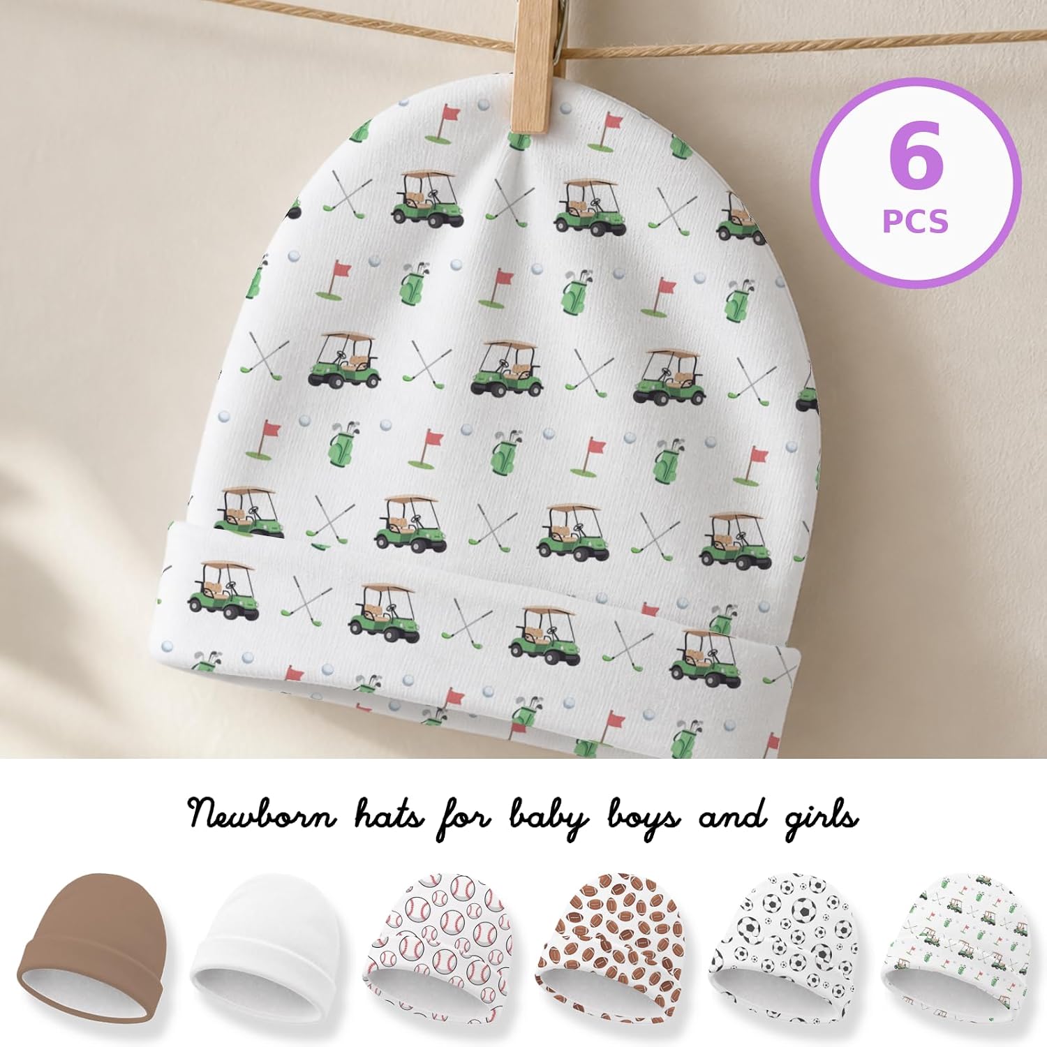 6 Pack Newborn Hats 0-6 Months Sports Baby Beanie Soft Cotton Infant Caps Football Baseball Soccer Golf Theme Cute for Boys Girls 5.9 x 5.5 Inch White