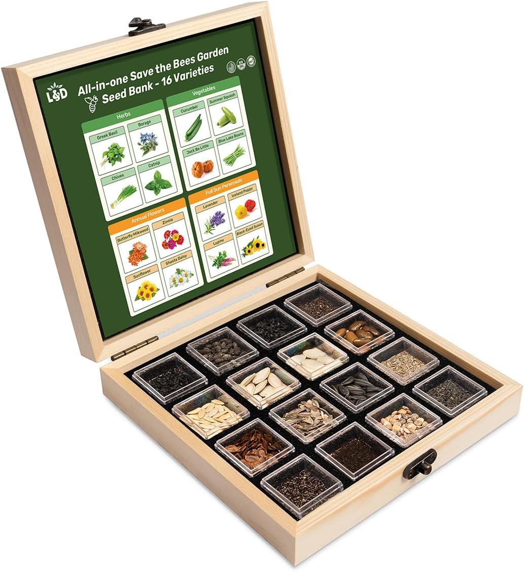 Lush&Dew Save Bees Garden Seed Bank, Gardening Gift for Women Men,16 Varieties Non-GMO Heirloom Pollinator-Friendly Flower Herb Seeds Kit, Planting in Raised Beds Outdoors, Milkweed Poppy Lupine