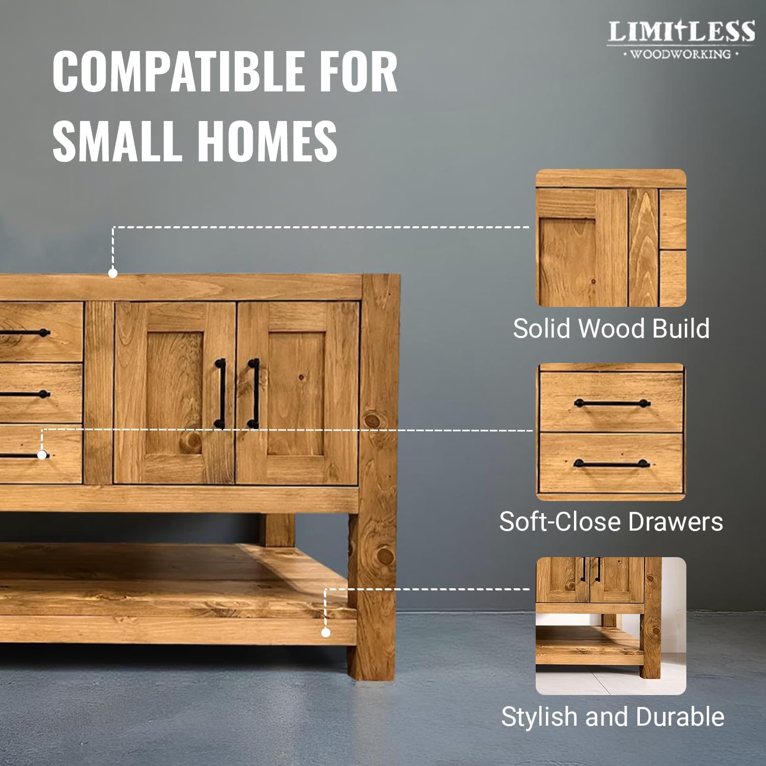 Handmade Solid Wood Bathroom Vanity with Dual Sink | Rustic USA Made Vanity Cabinet | Makeup Vanity Desk | Soft-Close Drawers | With Multiple Sizes & Colors