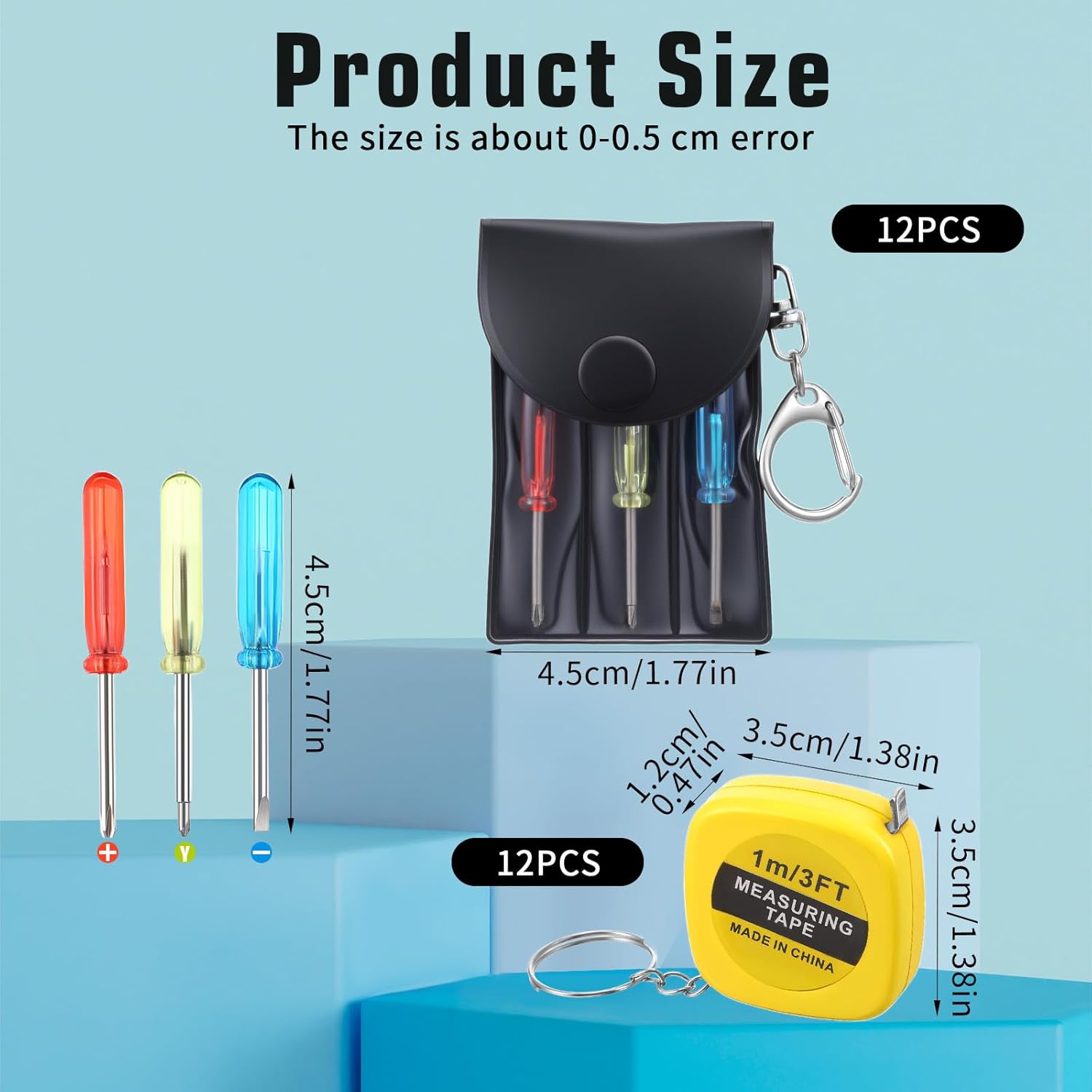 24 Pcs Mini Tape Measure Bulk Small Screwdriver Keychains Set in Pouch Keychains Mini Tool Kit Retractable Keychain Tape Measure 1 m/ 3 ft for Birthday Party Favors Christmas Fathers Day Bulk Gifts