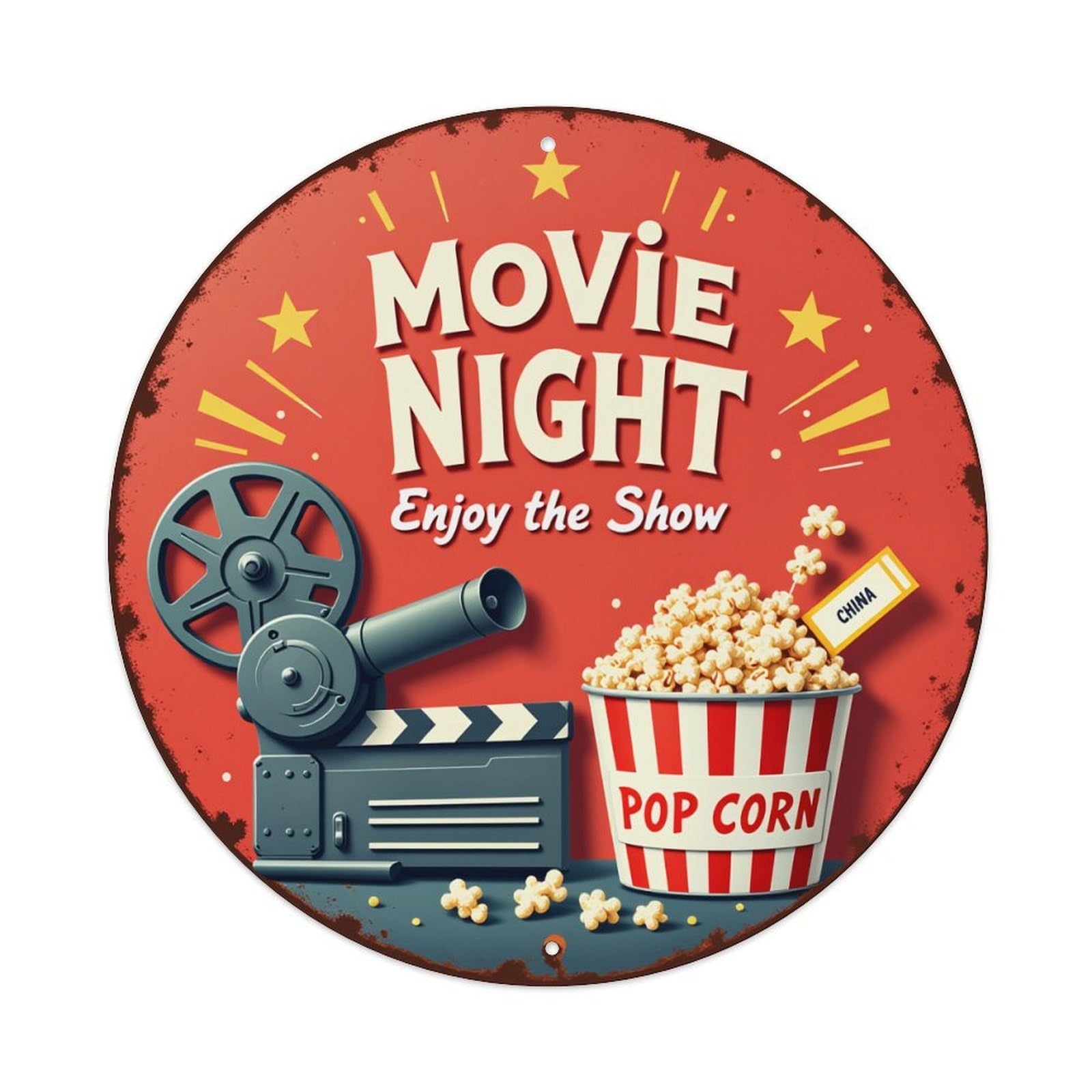 Movie Night Popcorn Cinema Projector Round Tin Sign Vintage Metal Poster, Home Bar Garage Man Cave Cafe Indoor & Outdoor Wall Decoration 8x8Inches