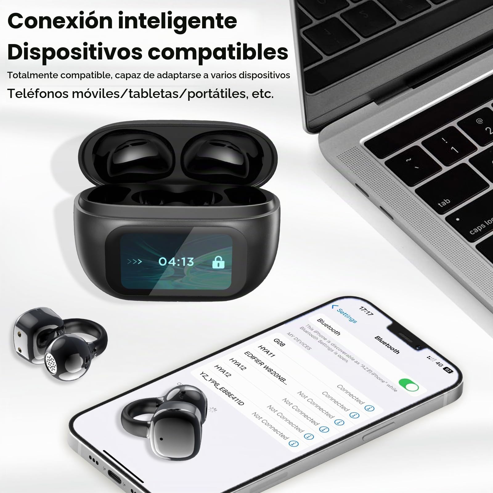 PTHTECHUS Auriculares Inalámbricos Bluetooth 5.4, Audifonos Deportivos Abiertos Clip, Traducción de Idiomas, 50H Reproducción con ENC, Pantalla Táctil Auriculares de oído Abierto (Negro)