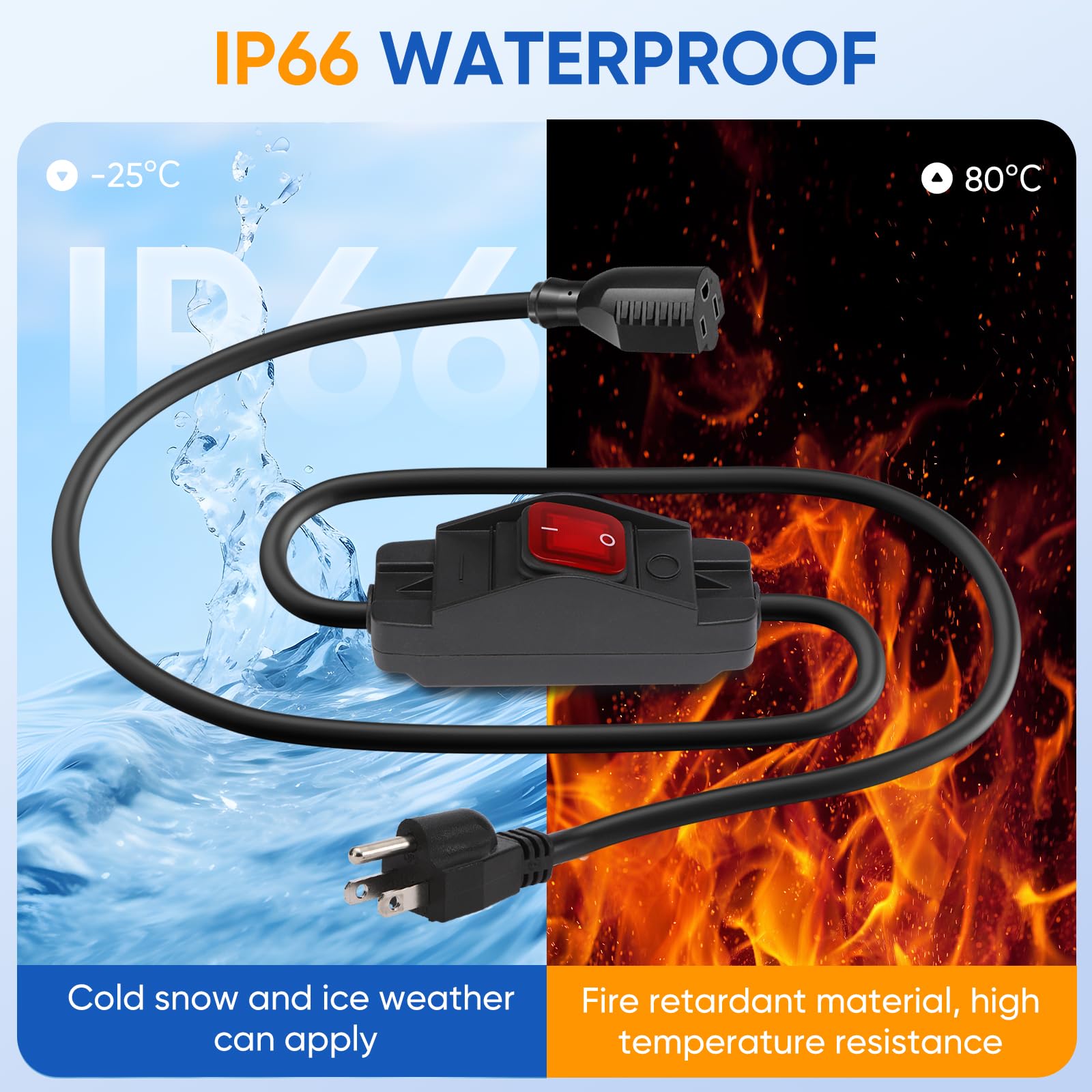 Cable de extensión para exteriores con interruptor impermeable de encendido/apagado, enchufe de 3 clavijas con conexión a tierra de 15 A, 125 V, cable de extensión corto de 1875 W para luces, cable de