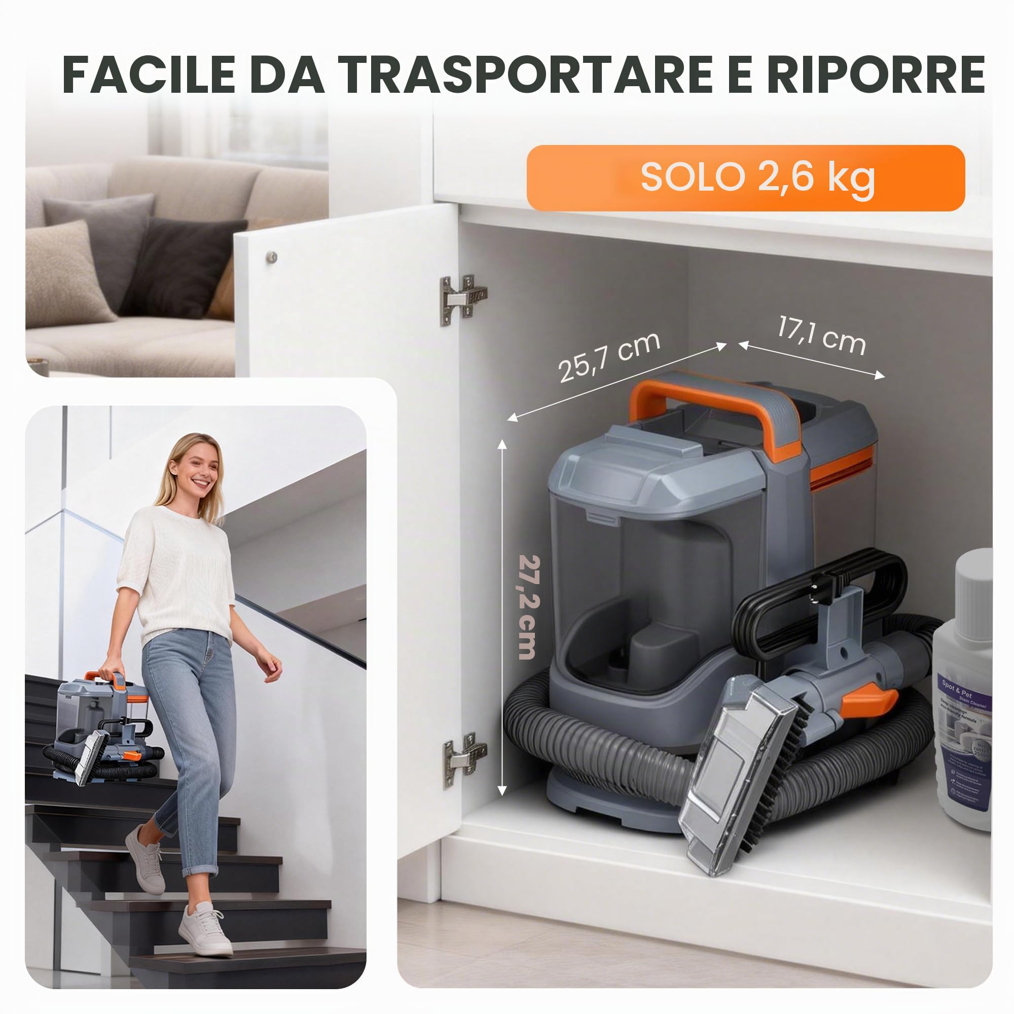 Lavatappeti 450W 13kPa, Lava Tappezzeria e Aspira per Divano, Tappeti e Auto, con 3 Spazzole e Sistema a Doppio Serbatoio Autopulente, Portatile Leggero 2,6kg