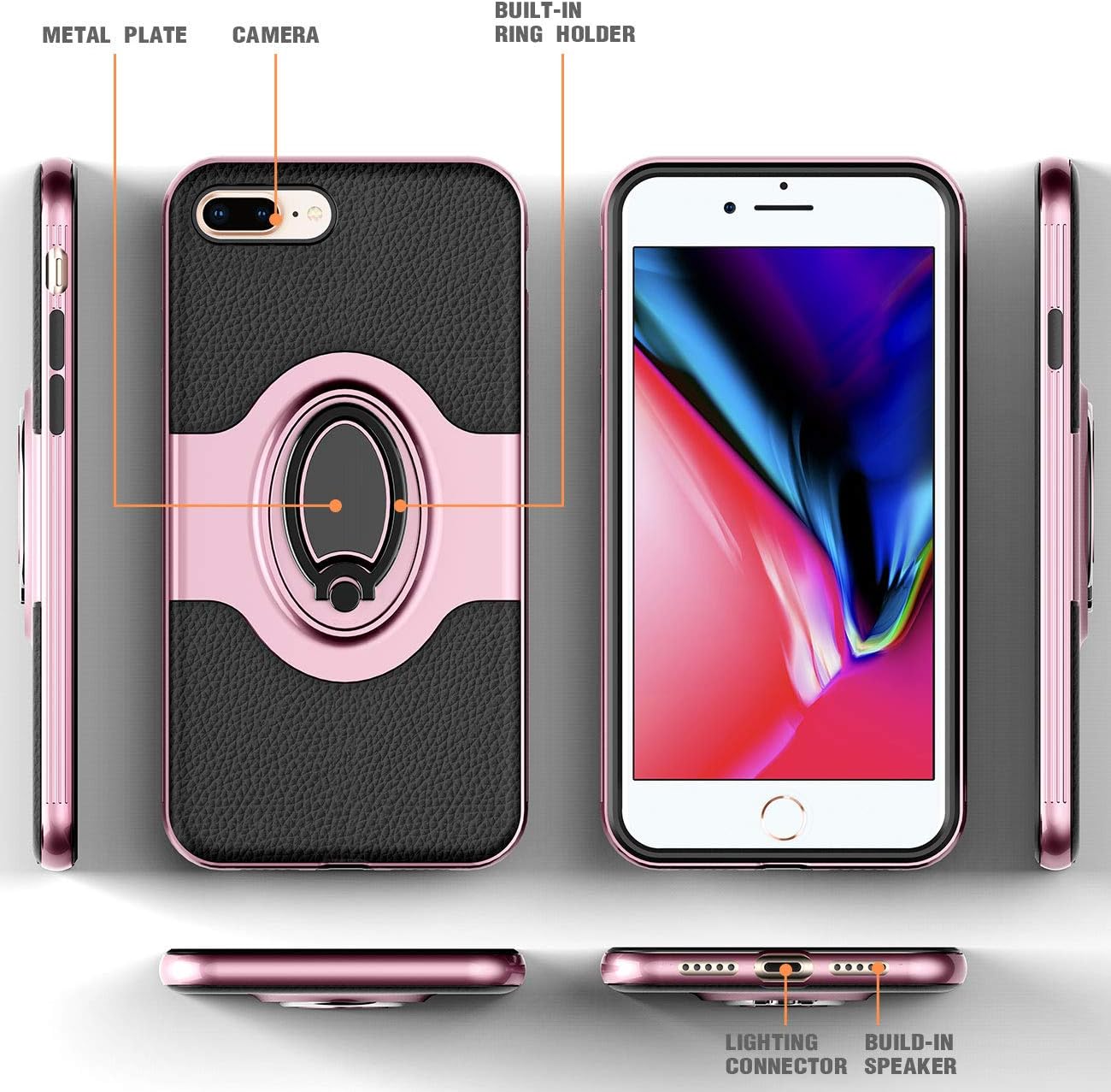 eSamcore iPhone 7 Plus Case, iPhone 8 Plus Case Ring Holder Kickstand Cases + Dashboard Magnetic Phone Car Mount for iPhone 7/8 Plus [Rose Gold]