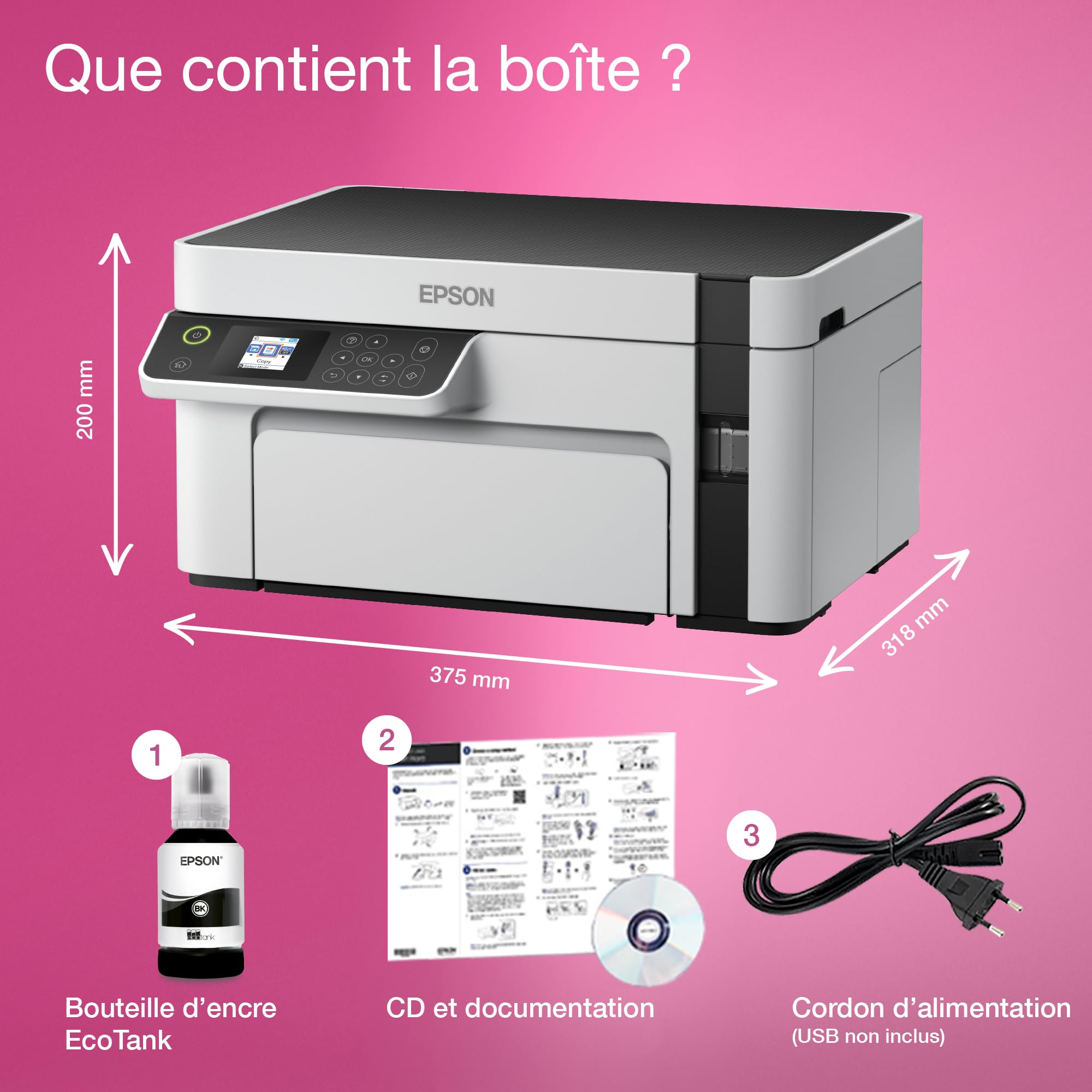 EPSON EcoTank ET-M2120 | Imprimante multifonction - Réservoir haute capacité - Économisez jusqu'à 200€, 15ppm, sans fil, impression mobile, économe en énergie, recharge facile, 1440x720 DPI