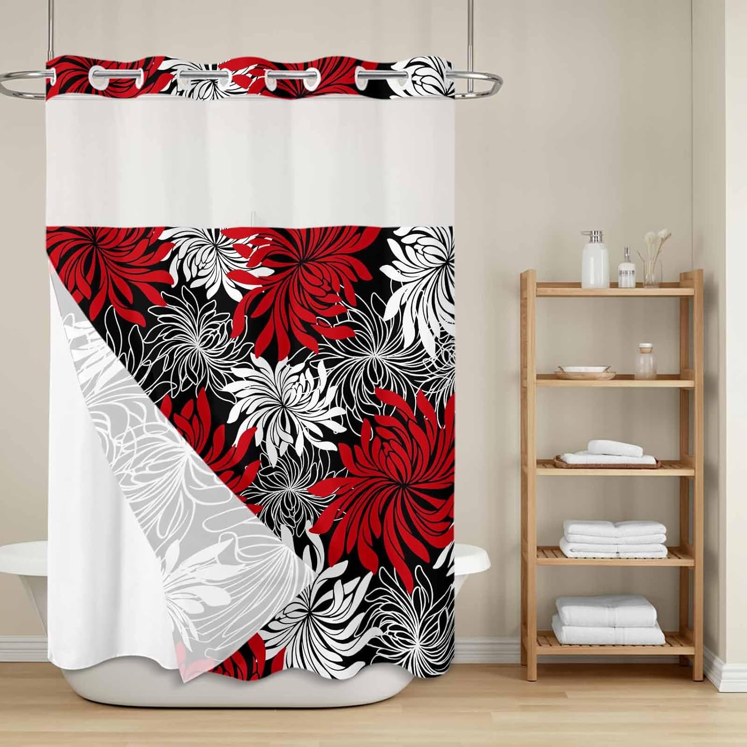 Red Black Floral No Hook Shower Curtain with Snap in Liner Vintage Red White Black Flower Waterproof Bathroom Shower Curtain with See Through Top Window for Bathtub 72" x 84"