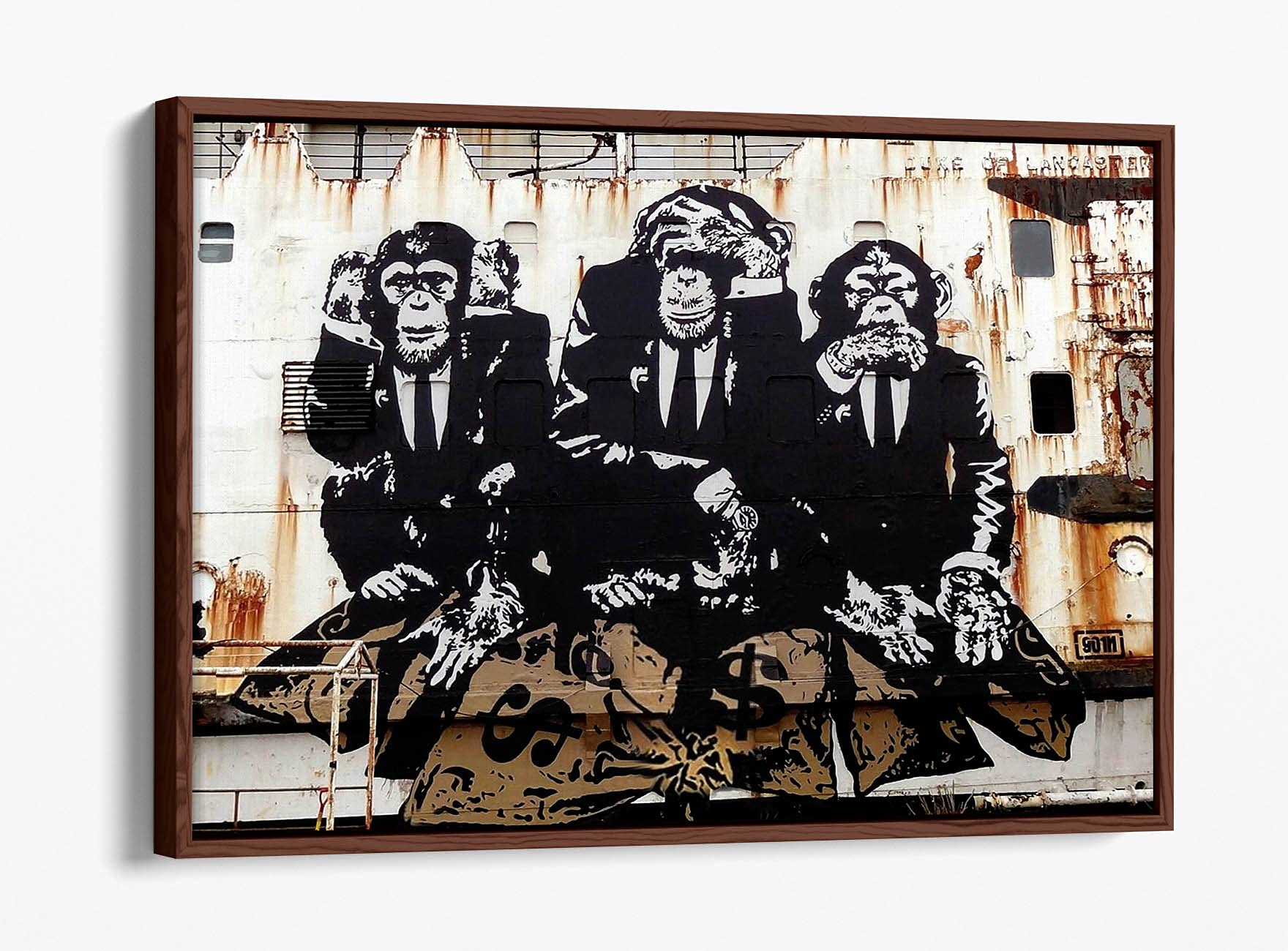 Canvasartshop Walnut - Banksy Three Wise Monkeys- Float Effect Framed Canvas Wall Art Picture Print (, 36X24)