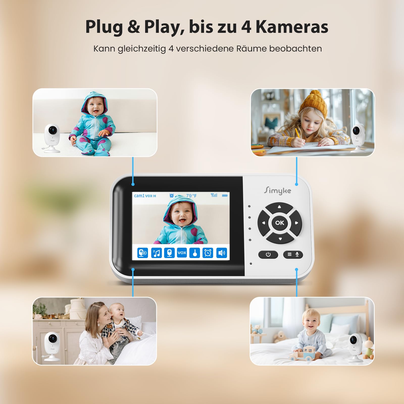 Generisch Simyke Babyphone, Dual-Modus Baby Monitor mit 1080p App & 2,8 Zoll Display, KI-Klang- und Bewegungserkennung, 10 Std. Streaming, 457 m Reichweite, Nachtsicht, Zwei-Wege-Kommunikation