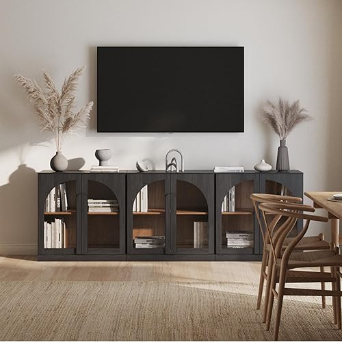 Miniatura 63 de BELLEZE Aparador Modular Acanalado Buffet con Almacenamiento, Mesa Consola Moderna de Mediados de Siglo con Puertas Arqueadas Simétricas, Elegante