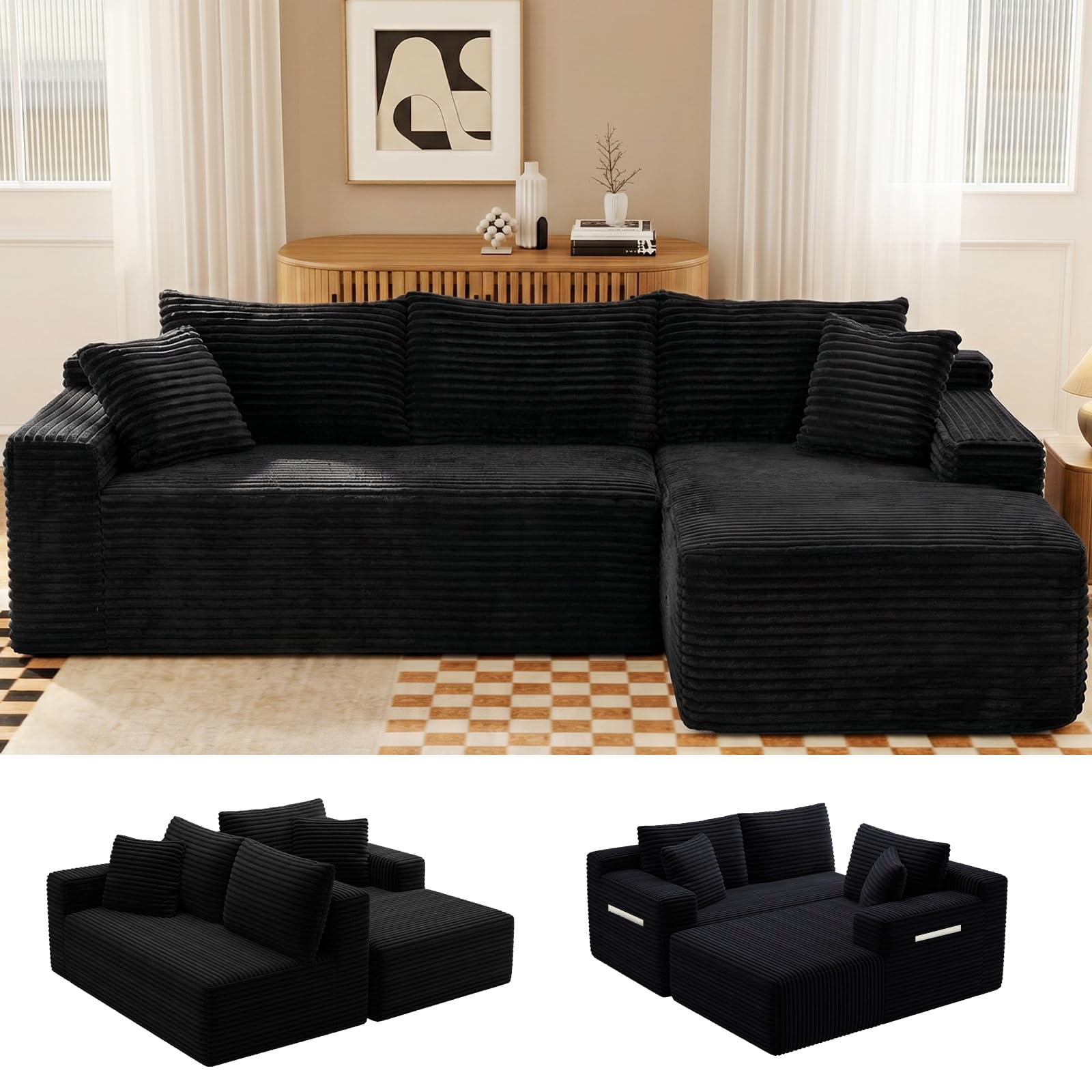 94.5" L-Shaped Cloud Sectional Couch for Living Room, Modern Minimalist Upholstered Boneless Sofa,Corduroy Fabric Modular Sectional Sofa with Chaise, No Assembly Required (Right arm seat only)